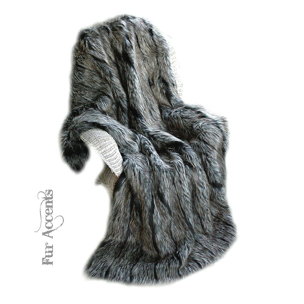 Premium Black and Gray Stripe Fox Faux Fur Throw Blanket - 5'x5' Ultra Soft Designer Blanket with Minky Lining - Perfect for Sofa, Bed, and Winter Cozy Nights