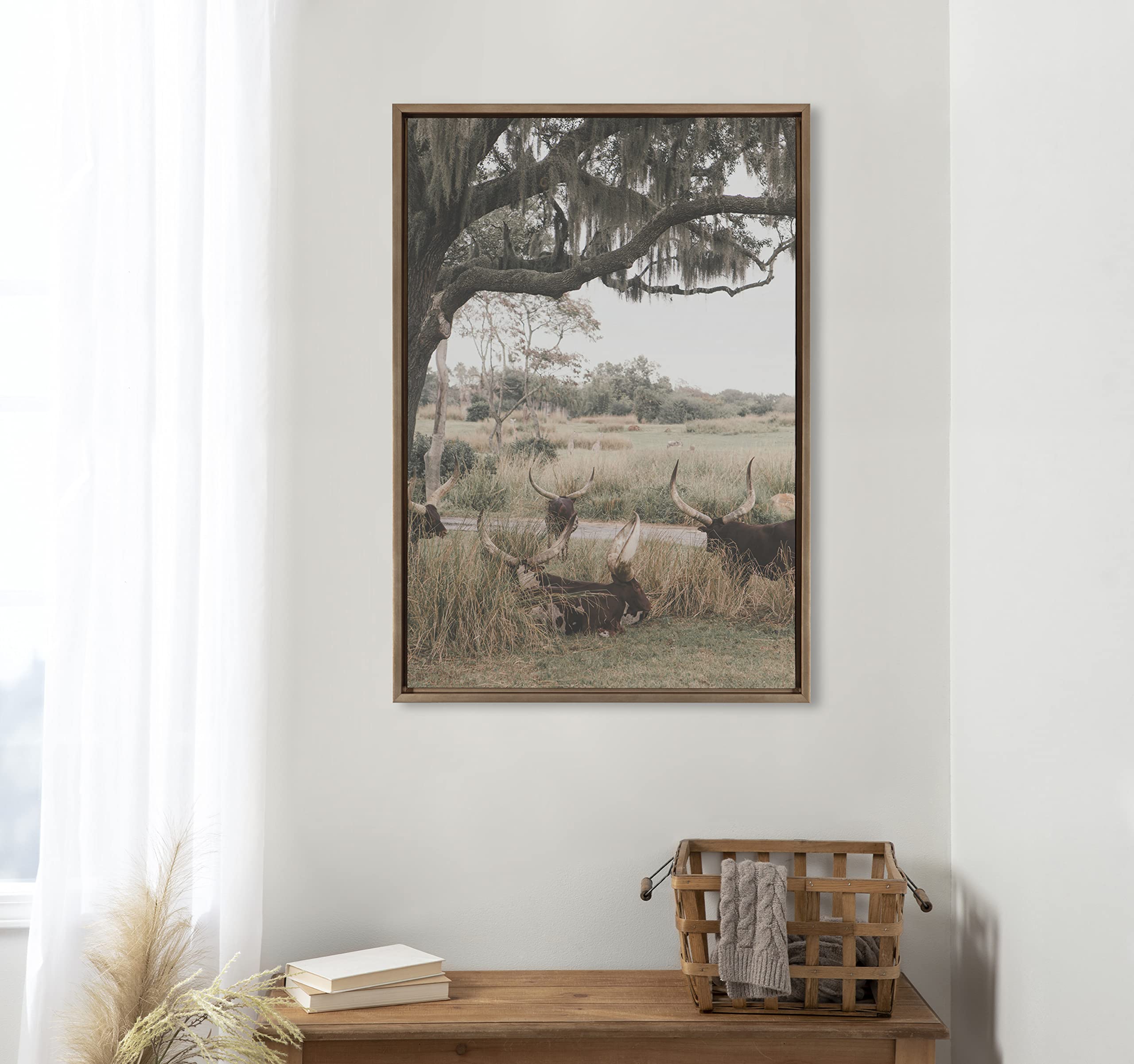 Kate & Laurel Sylvie Longhorns Framed Canvas Wall Art by Alicia Abla - 23x33 Inches Gold Modern Farmhouse Decor - Perfect for Living Room, Bedroom & Office Wall Decorations
