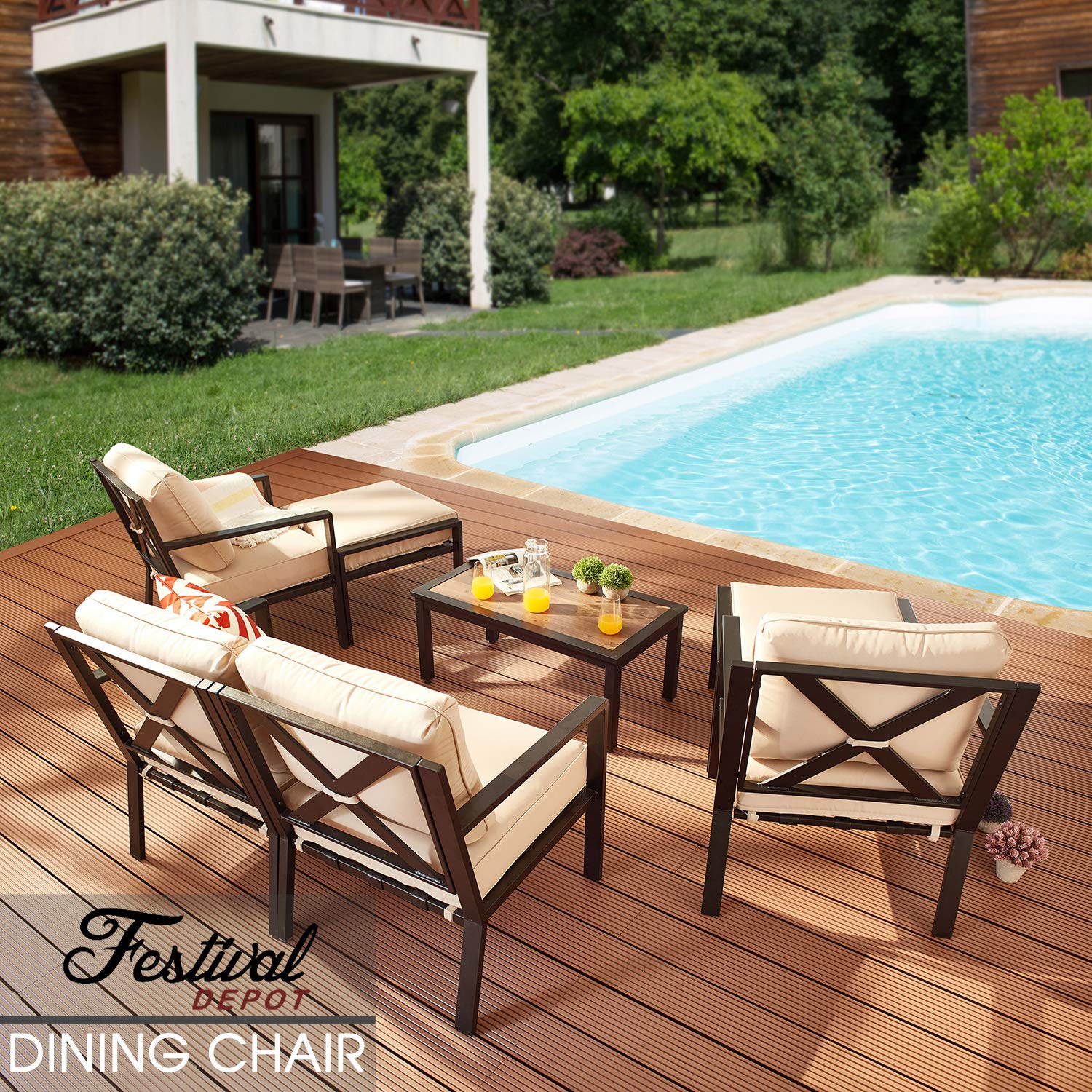 **Festival Depot Outdoor Patio Dining Armchair - All-Weather Metal Frame with Thick Cushions - Perfect for Bistro, Garden, Poolside & Backyard - 28.3