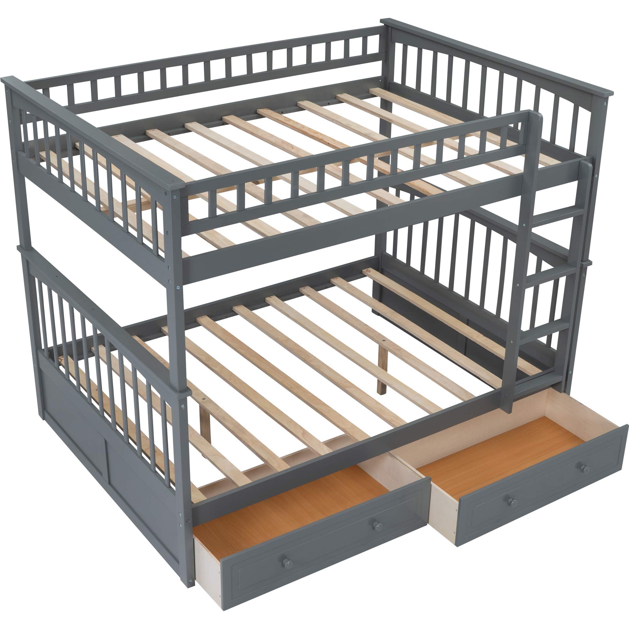 Harper & Bright Designs Full Over Full Wooden Bunk Bed with Safety Rail & Ladder - Kids & Teens Bunk Bed with 2 Storage Drawers - Sturdy Bed Frame for Bedroom, Guest Room & Small Spaces (Grey)