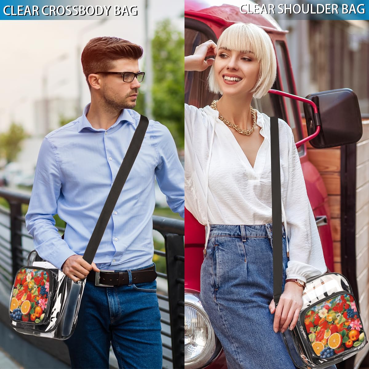 Stunning Fruit Print Clear Crossbody Purse - Stadium Approved Transparent Bag for Women & Men | Perfect for Music Festivals, Sports Games & Concerts