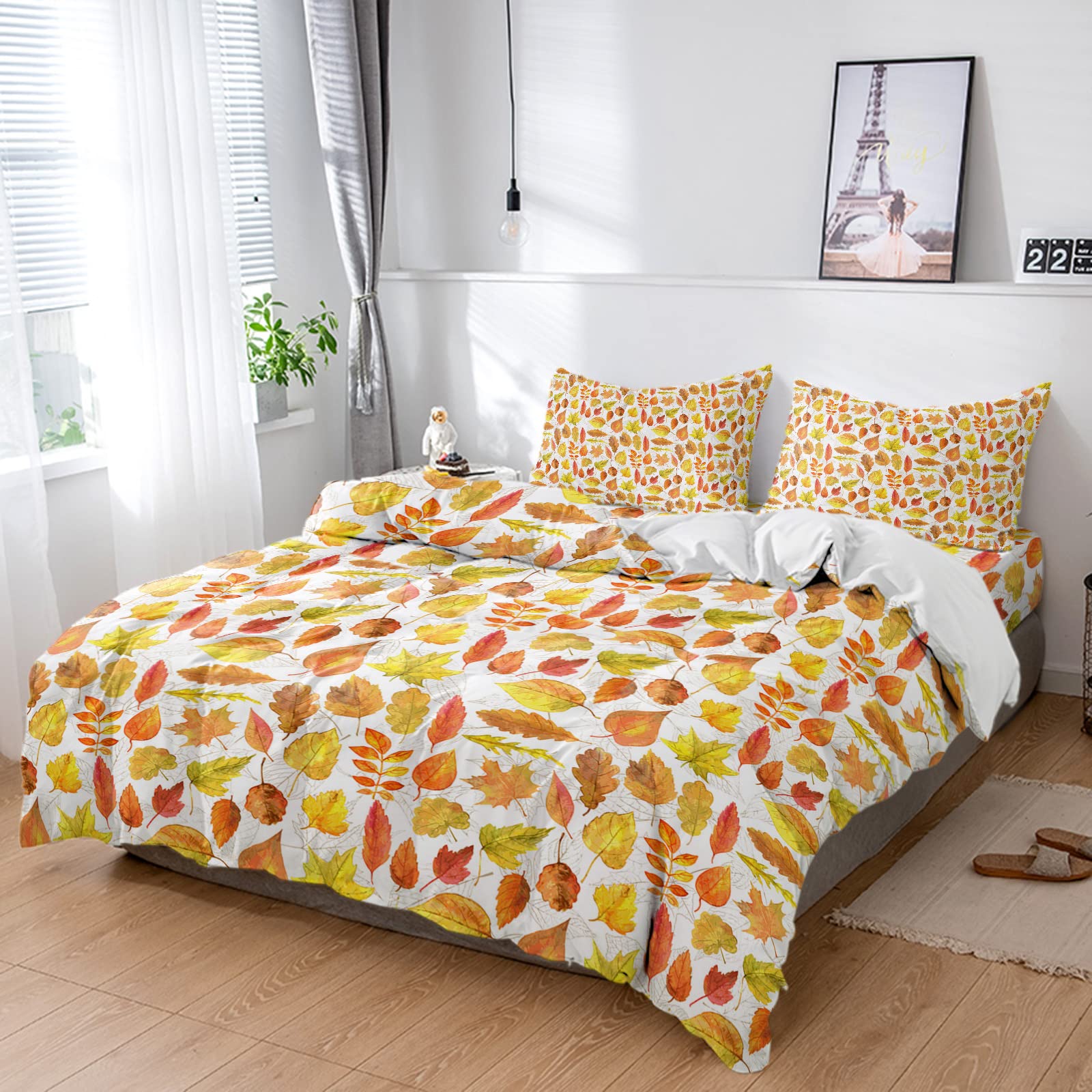 Breathable Twin Duvet Cover Set with 2 Pillow Shams - Ultra Soft Autumn Farm Leaf Pattern Bedding in Orange & Yellow | Cozy Fall Decor for Farmhouse & Seasonal Bedroom