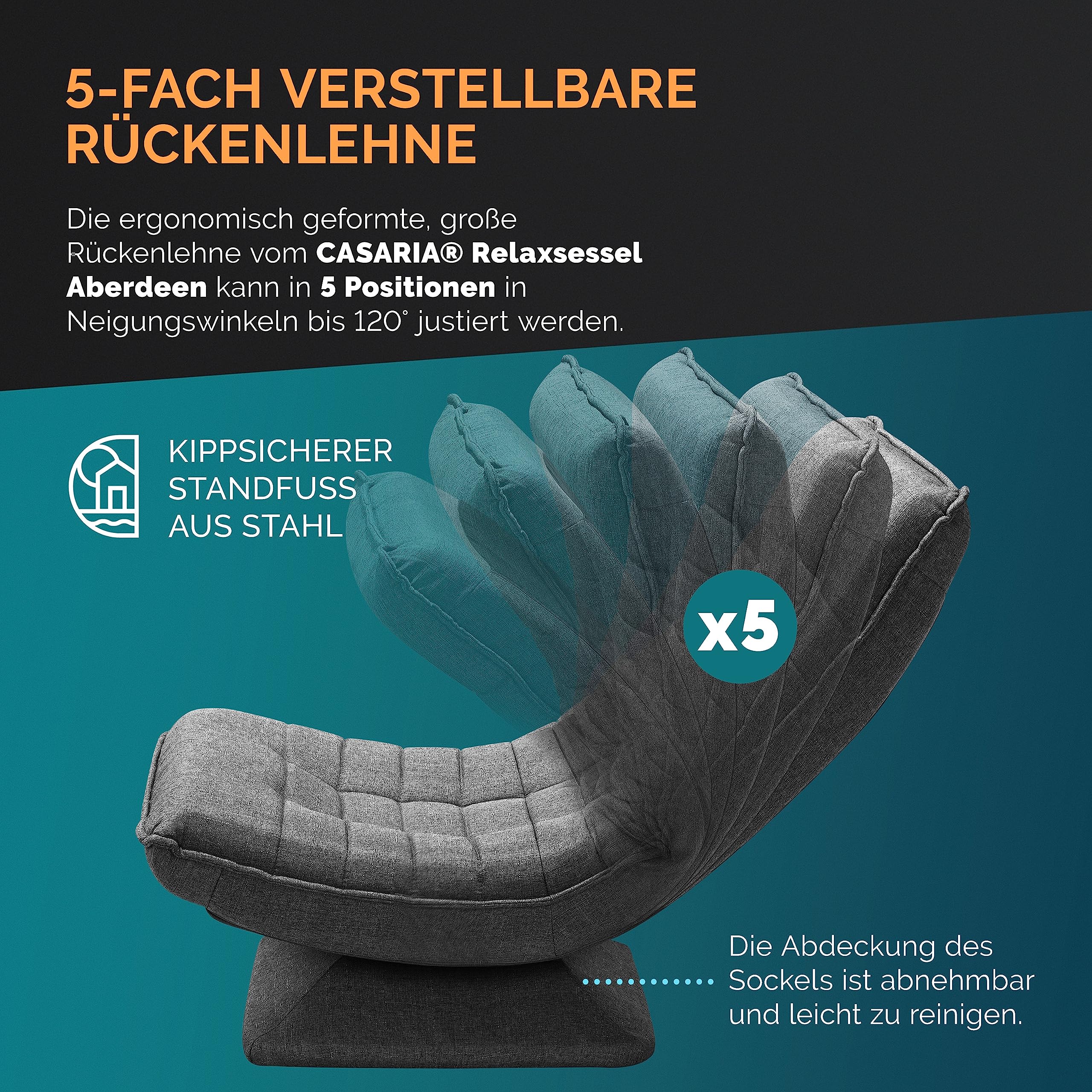 CASARIA® Adjustable Backrest 360° Swivel Floor Chair - Foldable, Gray Upholstered, Supports up to 330 lbs (150kg), 60x105x87cm - Perfect for Living Rooms, Bedrooms, Gaming & Meditation Spaces