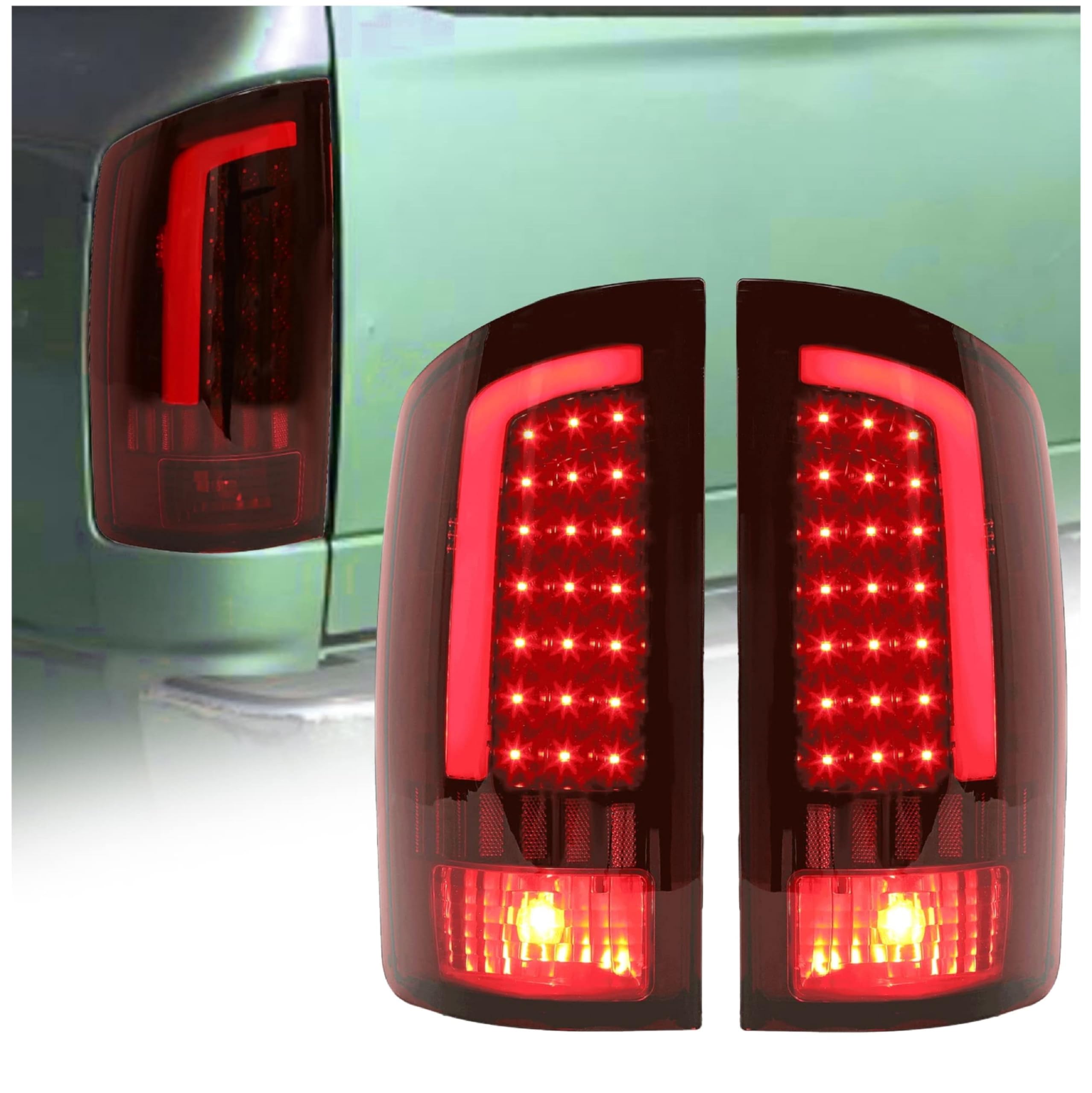 HECASA LED Tail Lights Assembly for 2002-2006 Dodge Ram 1500/2500/3500 - Red Lens Chrome Housing LED Tube Bar Rear Brake Turn Signal Lamps (Pair) | Upgrade Your Truck's Style & Safety for Night Driving & Towing