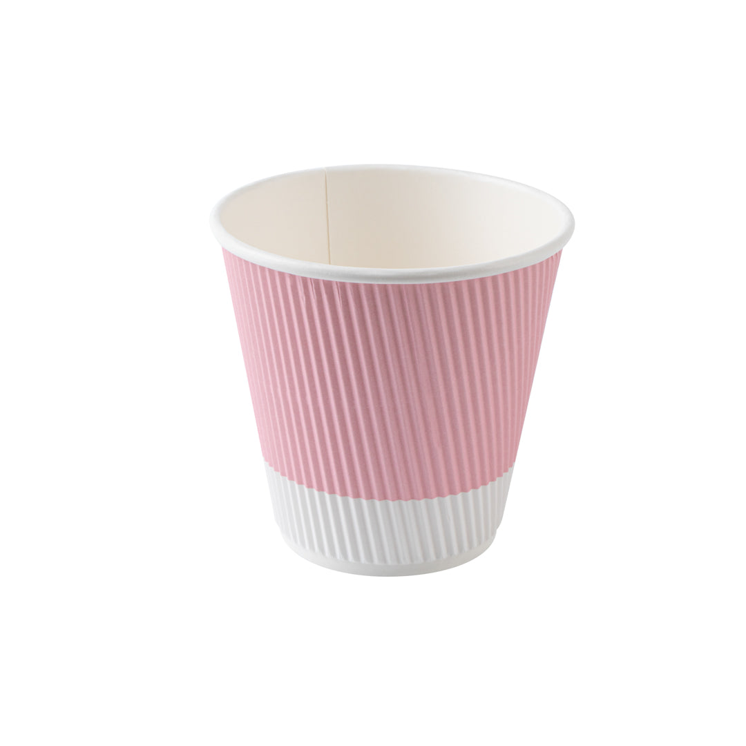 8 oz Light Pink Ripple Wall Paper Coffee Cups with White Lids - 3.5