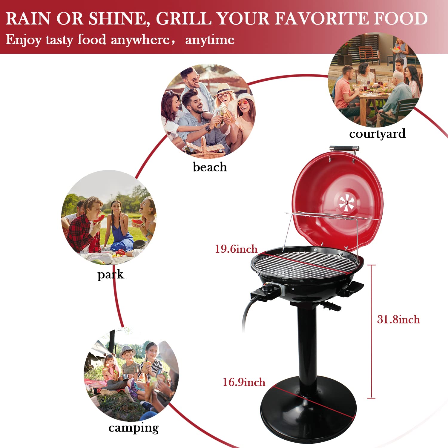 Techwood 1600W Electric Grill for Indoor & Outdoor Use - Portable BBQ Grill with Removable Stand, Perfect for Backyard, Camping & Patio Cooking (Red)