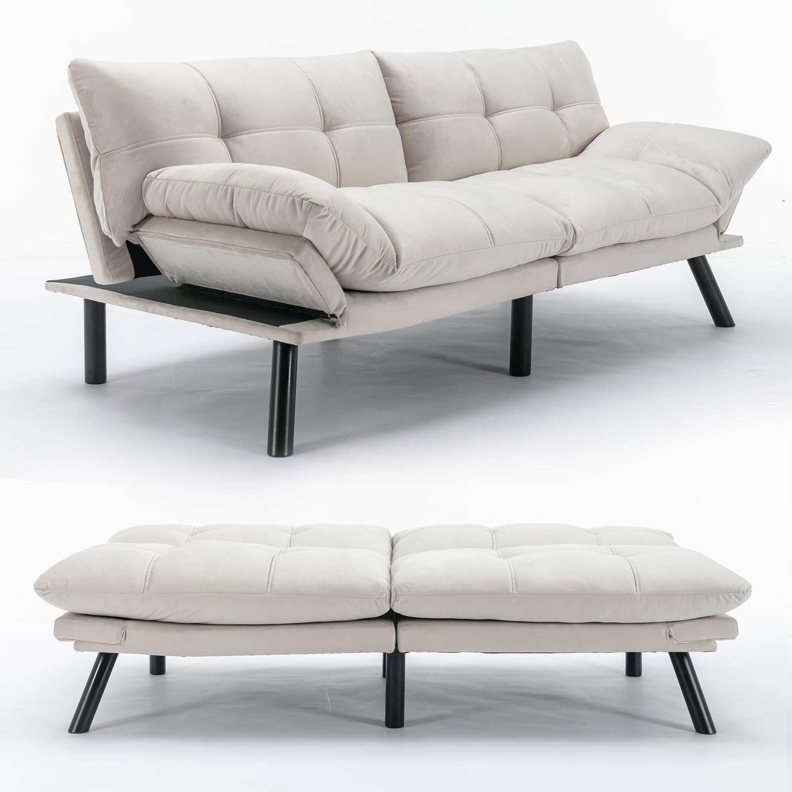 Adjustable Foldable Modern Leisure Memory Foam Futon Sofa Bed - Convertible Folding Reversible Bench Bed Chaise Lounge with Metal Legs - Cream Color for Living Room, Bedroom & Small Spaces - Perfect for Guests, Napping & Relaxation
