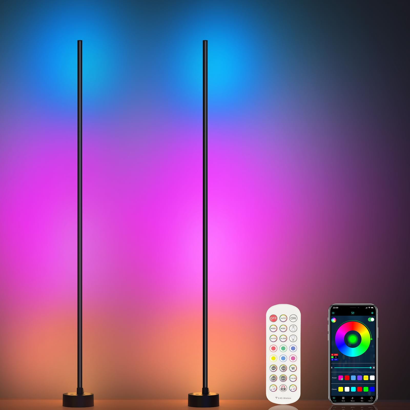 2 Pack Smart RGB Corner Floor Lamp - 16 Million DIY Colors, 68+ Scenes, App/Remote/Button Control, Music Sync for Living Room, Bedroom, Gaming Room - Perfect for Home Decor, Party Lighting & Gaming Setup