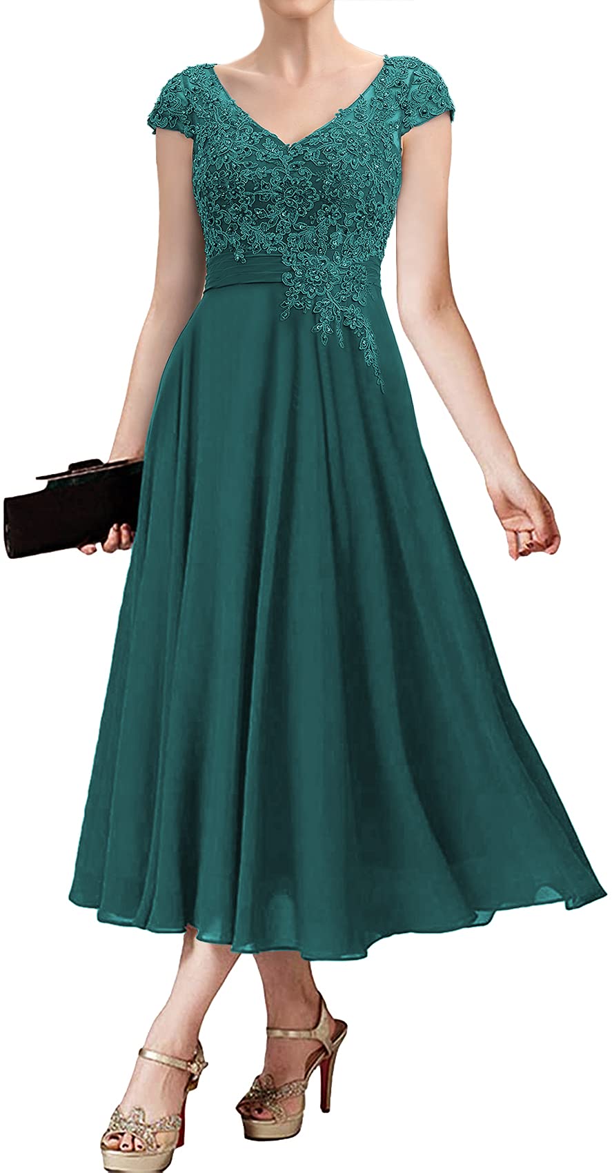 Elegant Chiffon Mother of The Bride Dress with Lace Detail - Tea Length Evening Gown for Wedding Guest - Perfect for Formal Events, Parties & Special Occasions