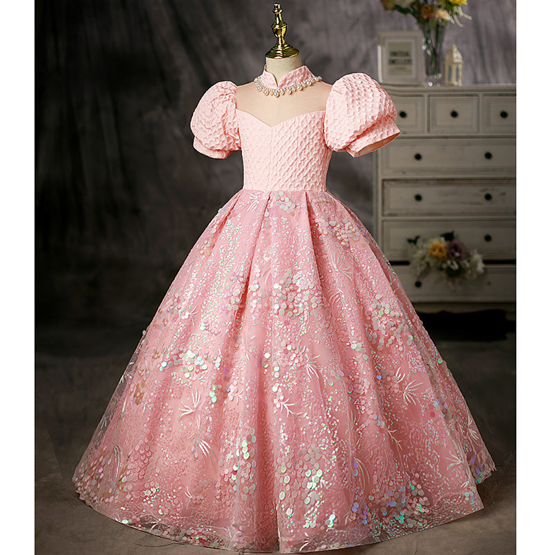 Sparkling Pink Sequined A-Line Flower Girl Dress with Puff Sleeves - Perfect for Weddings, Pageants & Special Occasions