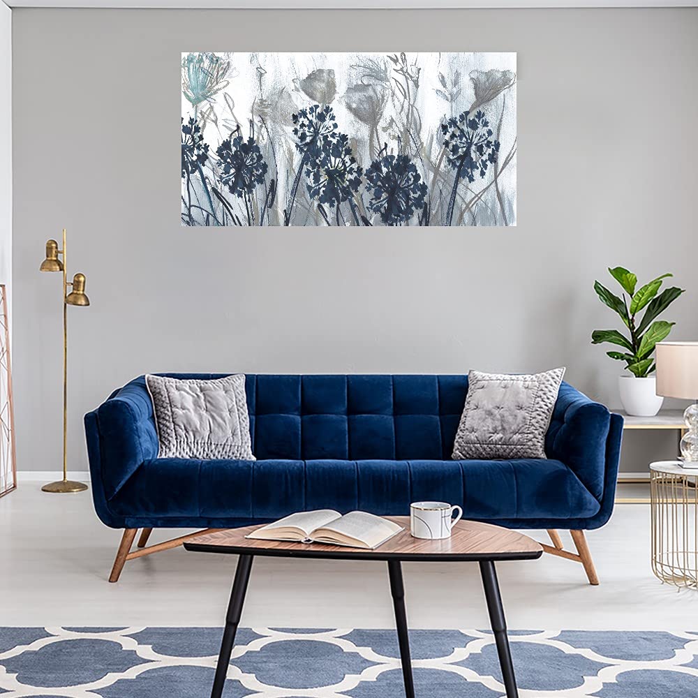Indigo Field Floral Canvas Wall Art - 40x21 Inch Handmade Painting by Artist Susan Jill | Bathroom, Living Room & Bedroom Decor | Modern Home & Office Wall Decor