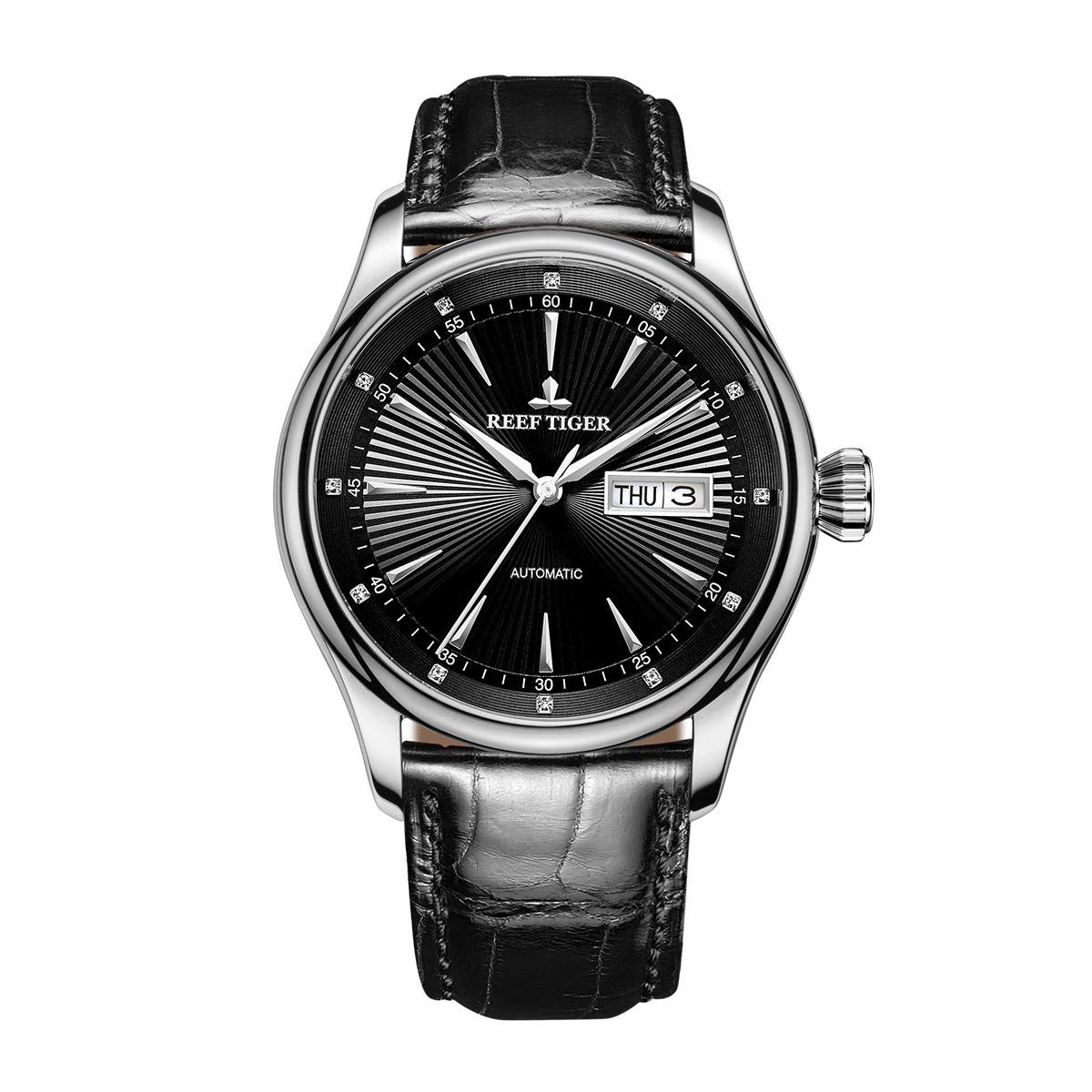 REEF TIGER Men's Automatic Dress Watch with Genuine Leather Strap - Day Date Display Waterproof Stainless Steel Watch RGA8232 | Perfect for Business, Formal Events & Everyday Wear
