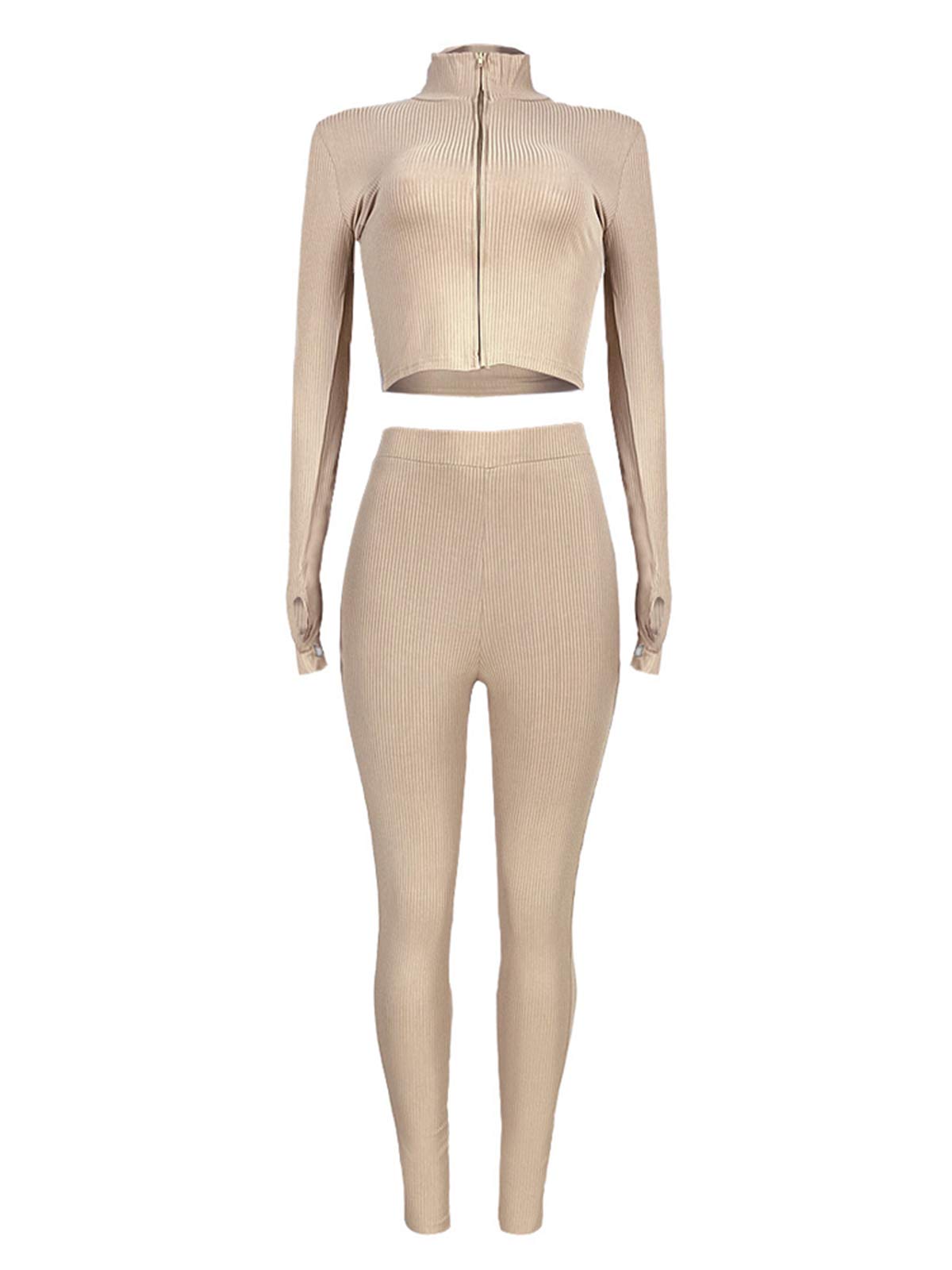 ALLUMK Women's Knit 2-Piece Outfit - High Neck Zipper Crop Top & Bodycon Pants Set, Casual Tracksuit for Gym, Yoga, Running & Streetwear Fashion