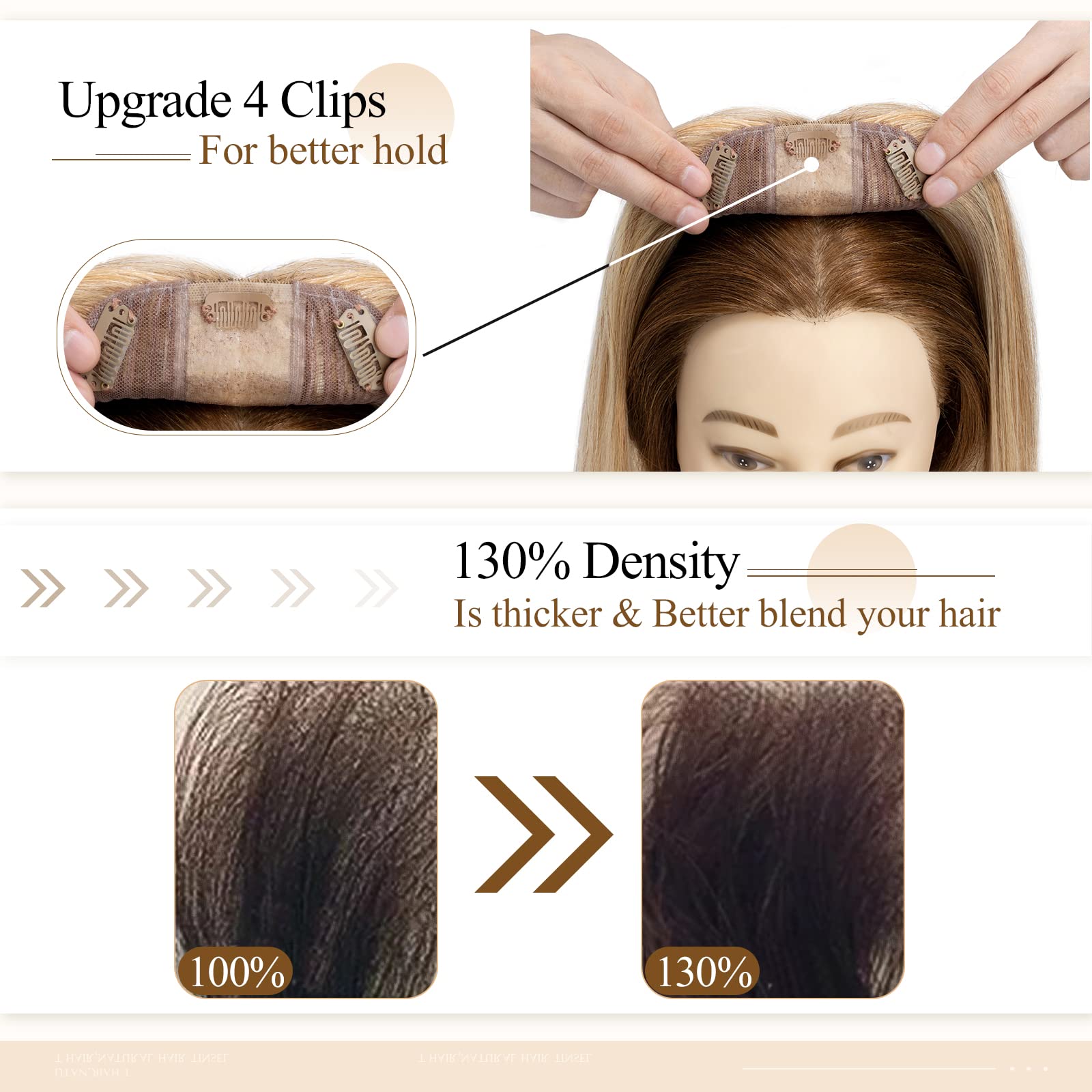 MY-LADY Clip-in Human Hair Topper for Women - 130% Density, 10x12cm Silk Base, 50g, 16 Inch, #12P613 Light Brown with Bleach Blonde Highlights - Remy Hair Top Hairpiece No Bangs - Perfect for Thinning Hair, Hair Loss, and Daily Styling