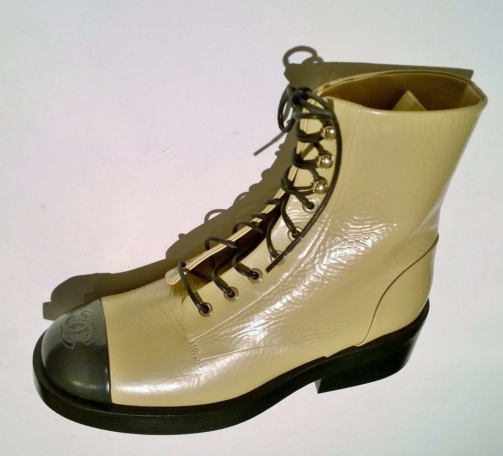 Chanel Beige Leather Ankle Boots with Black Cap Toe - Platform Lace Up Booties for Women | New in Box | Perfect for Fall Fashion & Night Out Outfits
