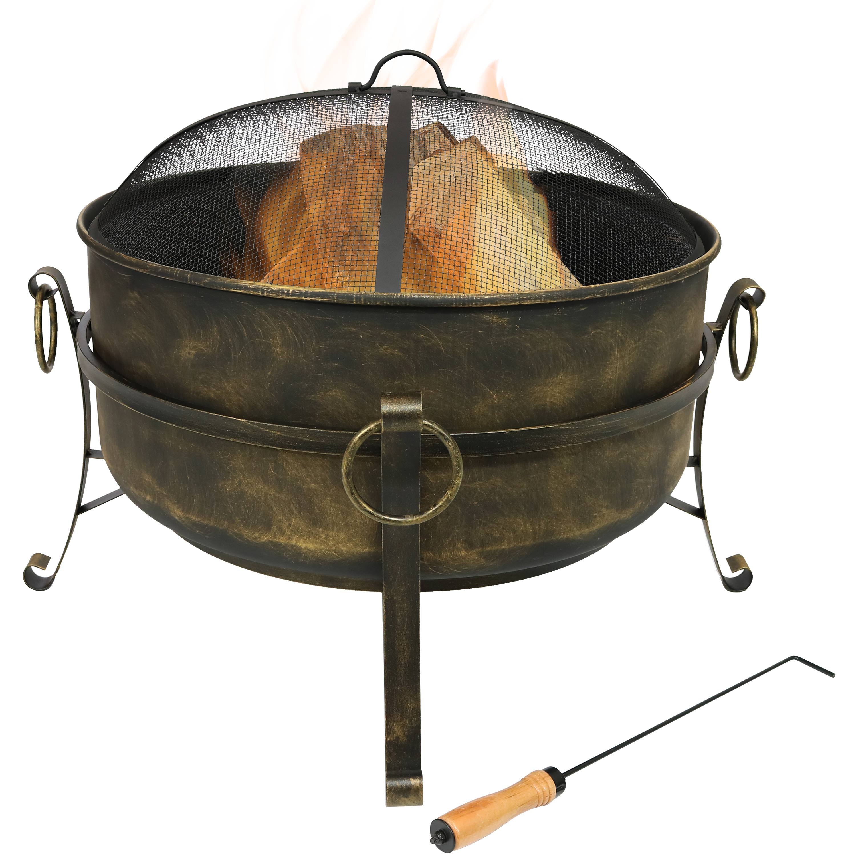 Large Outdoor Cauldron Fire Pit with Spark Screen - Heavy Duty Steel Fire Bowl for Backyard, Patio & Camping - Perfect for Bonfires, S'mores & Outdoor Gatherings