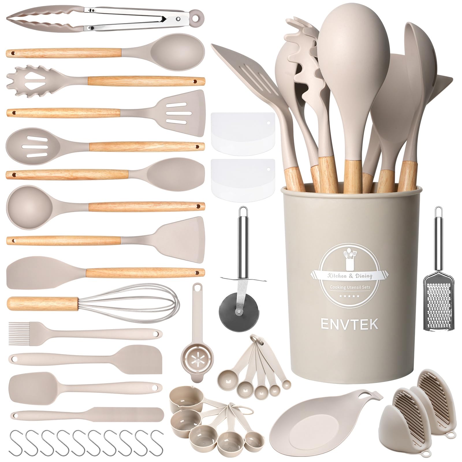 Silicone Kitchen Utensils Set 43 PCS with Wooden Handle, Nonstick Heat Resistant Cookware Gadgets & Holder (Khaki) - Perfect for Baking, Cooking, and Everyday Kitchen Tasks