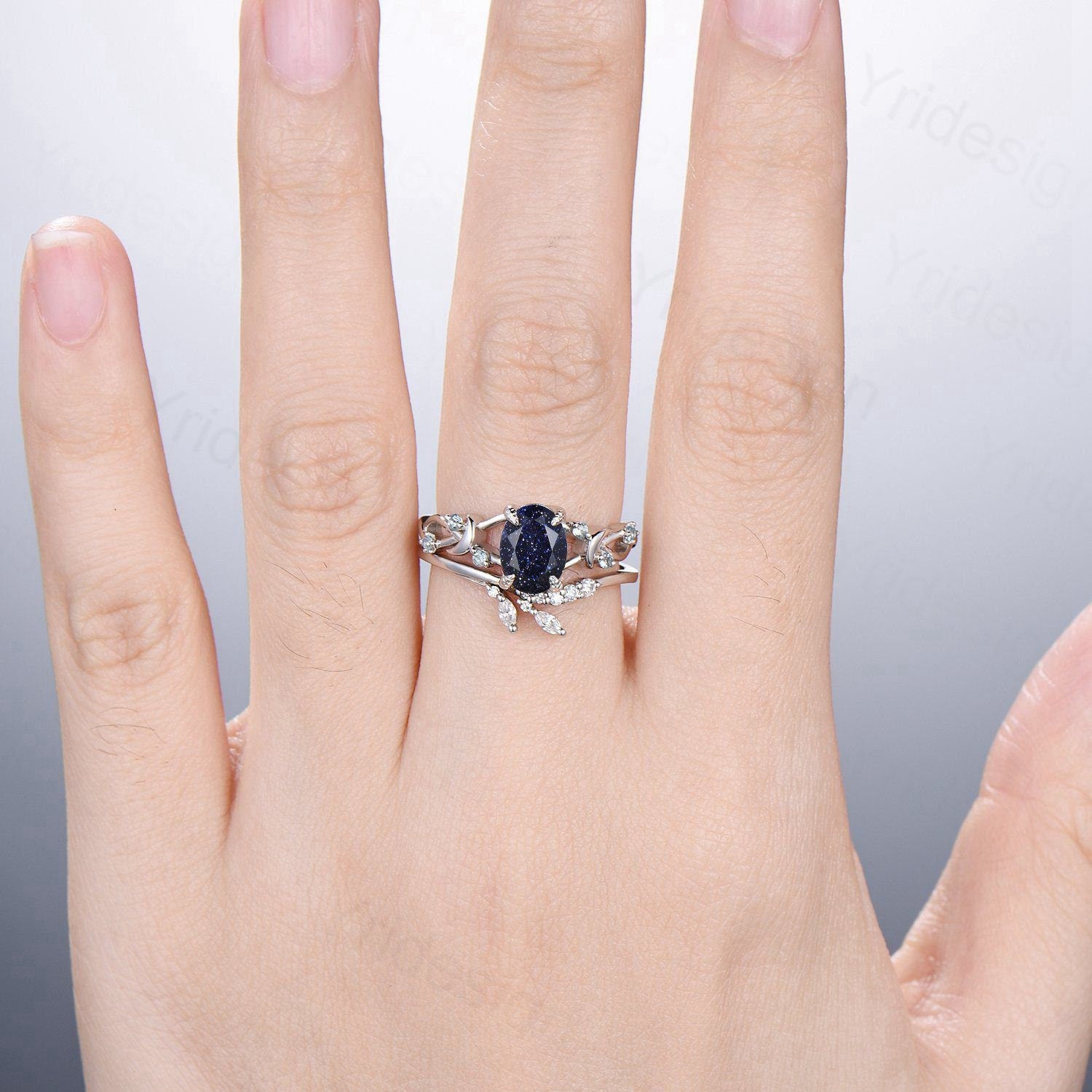 1.5CT Oval Galaxy Blue Sandstone Engagement Ring Set for Women - Twig Swiss Topaz Wedding Band, Unique Branch Bridal Jewelry Set, Personalized Gift for Her - Perfect for Proposals, Anniversaries & Special Occasions