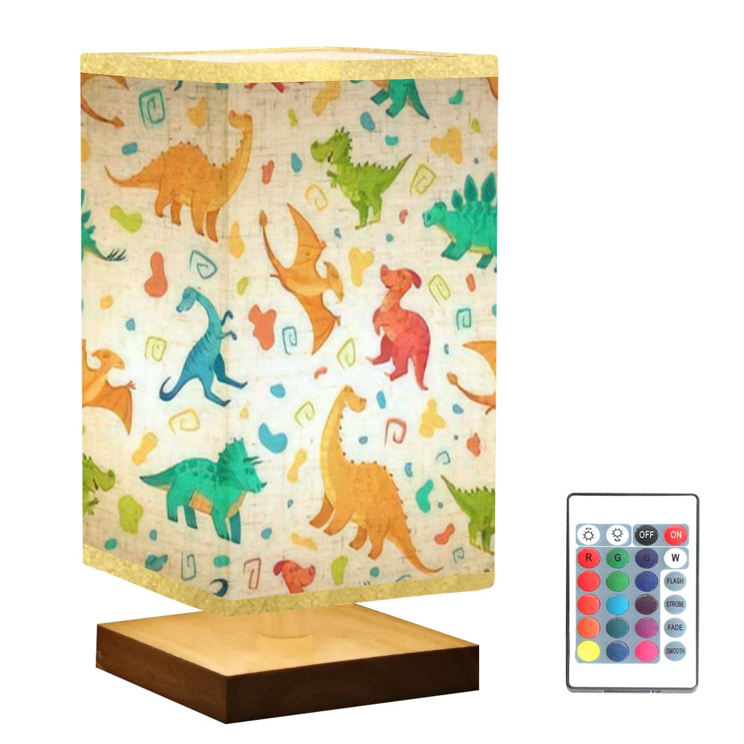 Dimmable Cartoon Dino Nightstand Lamp - Triceratops Brontosaurus T-Rex Design with Wooden Base & Flaxen Fabric Shade, Cute Bedside Table Lamp for Bedroom, Living Room, Nursery Decor | Perfect for Kids' Rooms, Reading Nooks & Cozy Nighttime Ambience