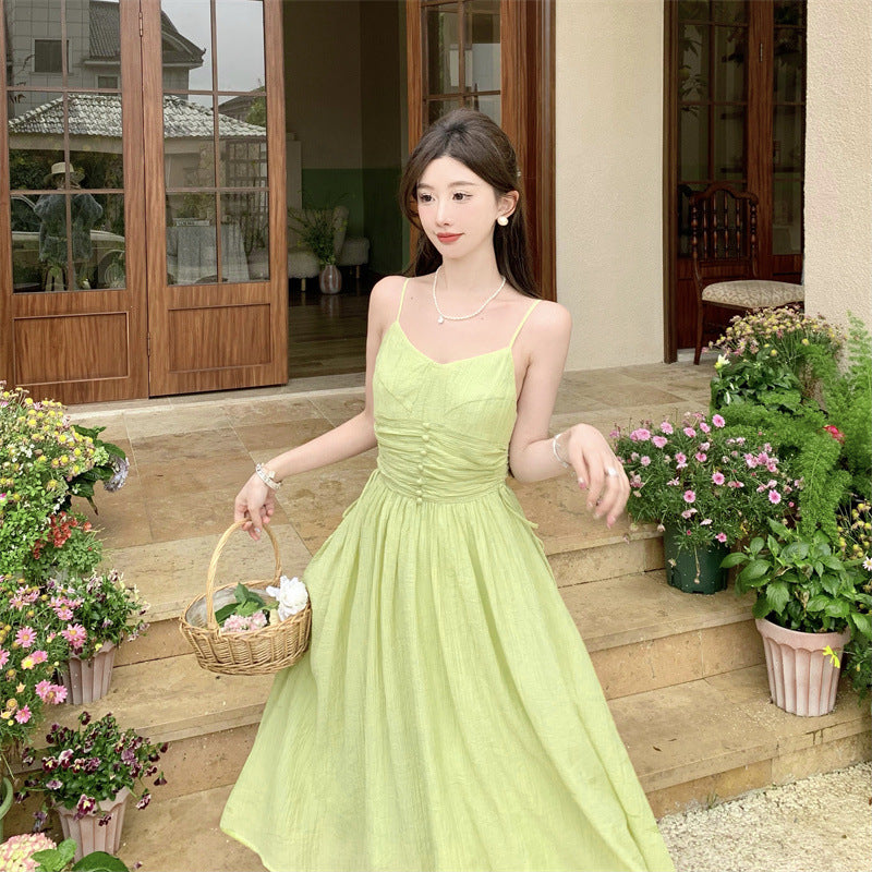 Green Fairy Spaghetti Strap Long Dress - Women's Summer Flowy Maxi Dress with Side Slit, Boho Beach Cover Up, Casual Sundress for Vacation, Party, Date Night