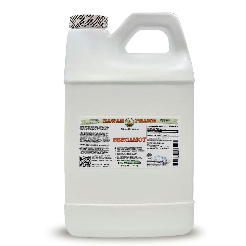 Bergamot Alcohol-Free Liquid Extract - Citrus Bergamia Dried Fruit Peel Glycerite | Natural Herbal Supplement by Hawaii Pharm | 64 oz Bottle | Supports Relaxation & Digestive Health | Perfect for Tea, Smoothies & Aromatherapy