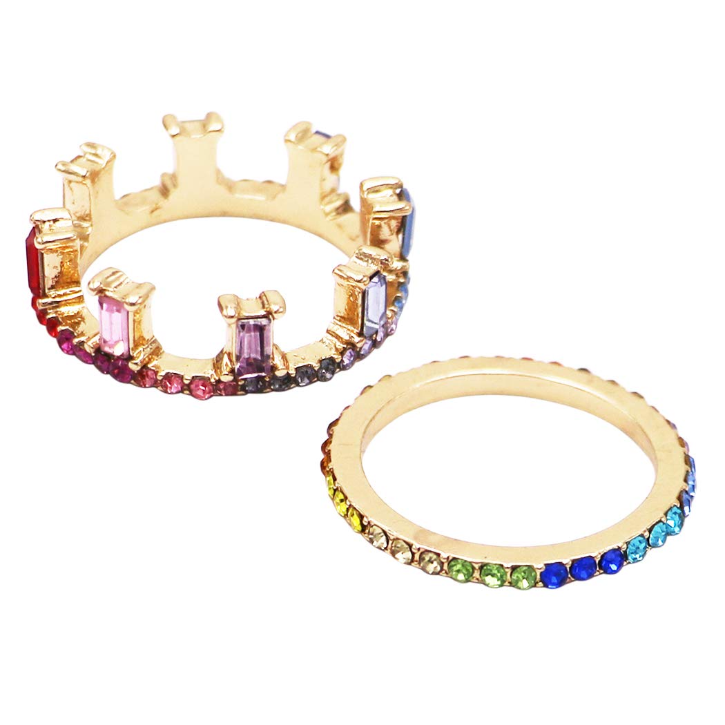 Rainbow Crystal Crown Stacking Rings Set for Women - Elegant Gift for Parties & Weddings