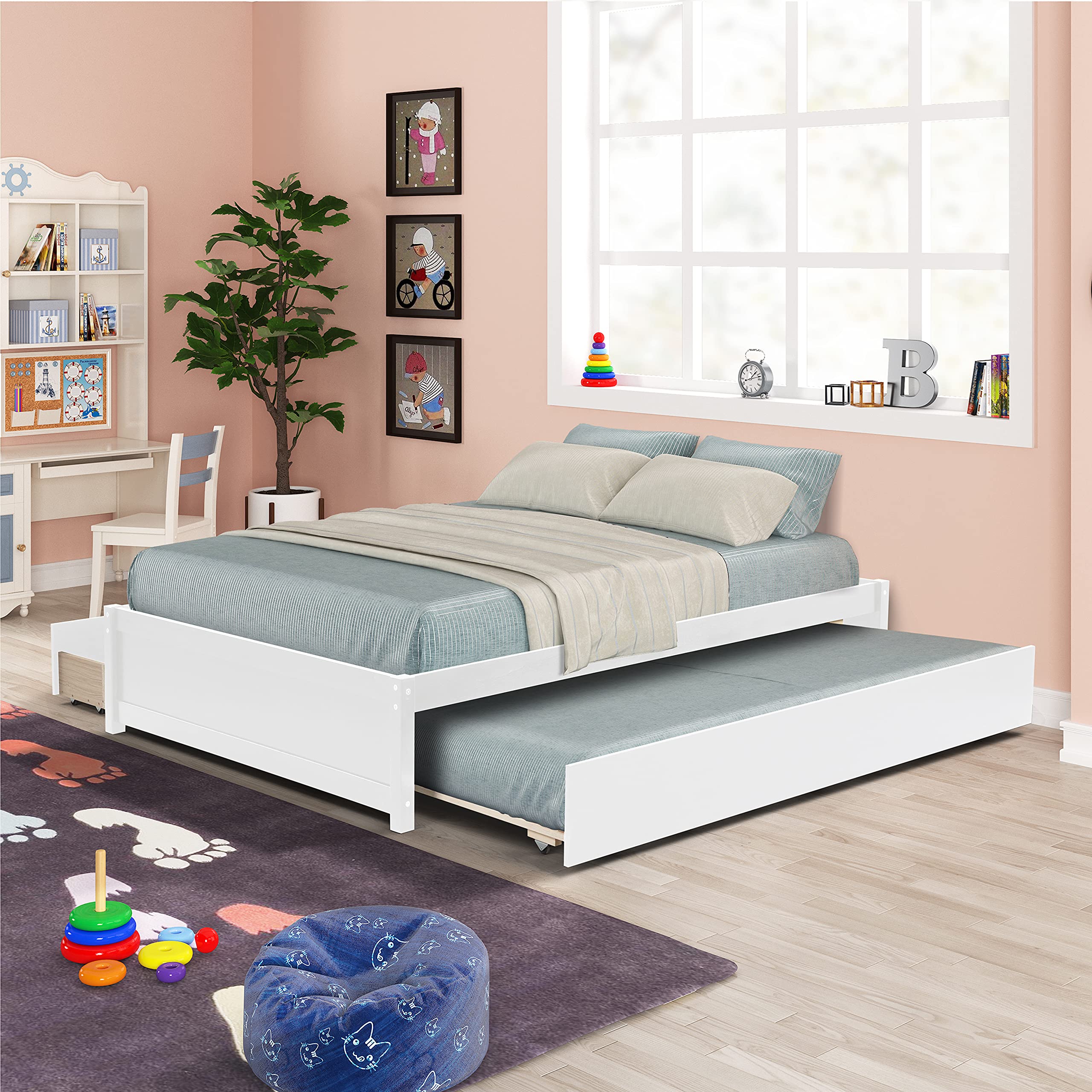 Solid Wood Full Size Platform Bed with Twin Trundle & 2 Storage Drawers - No Box Spring Needed - White - Perfect for Teens, Adults & Small Spaces - Ideal for Guest Rooms, Dorms & Apartments
