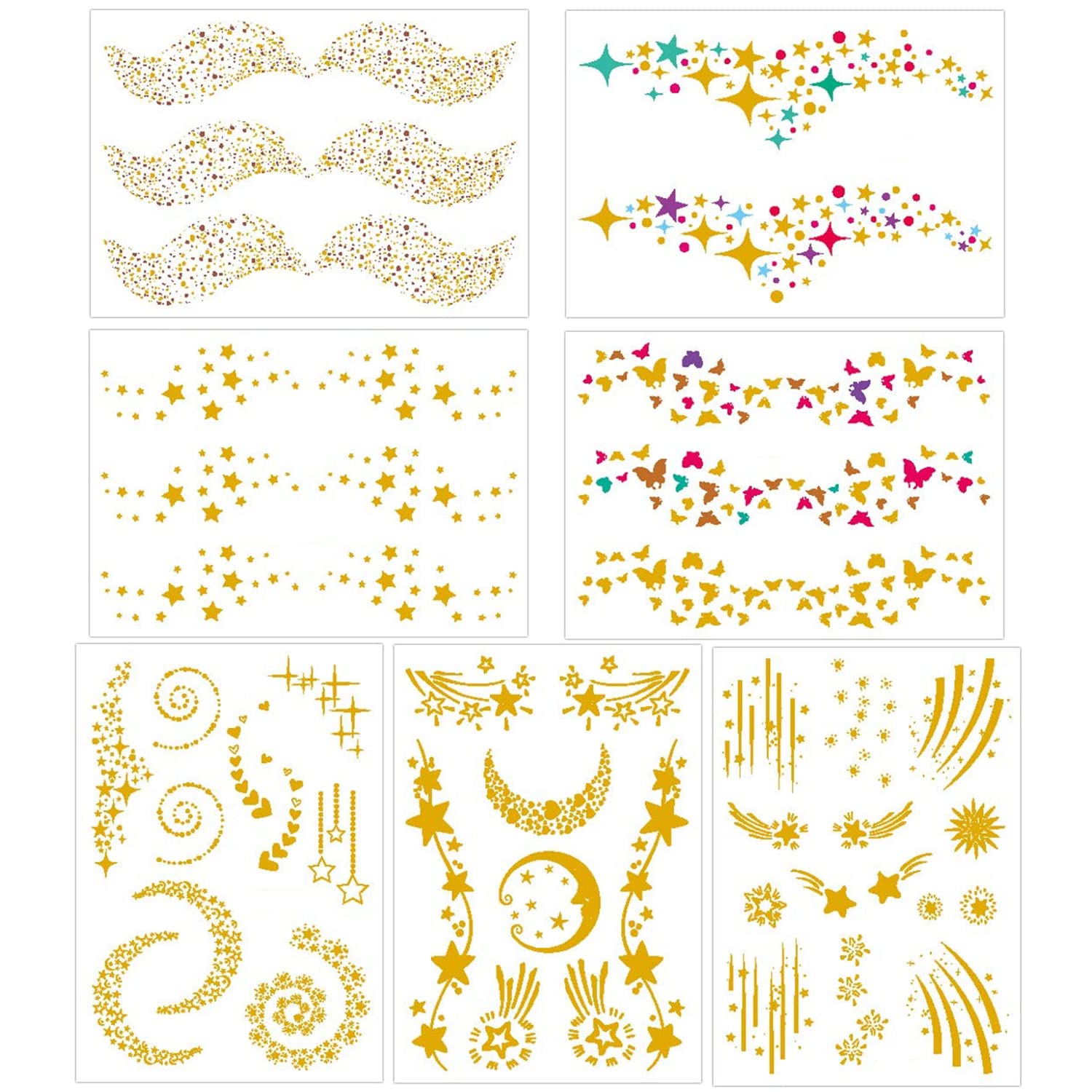 Konsait 7 Sheets Metallic Temporary Face Tattoo Stickers - Waterproof Glitter Transfer Tattoos for Women & Girls | Perfect for Costume Parties, Dance Performances, Festivals & Photo Shoots | Shimmering Gold & Glitter Designs