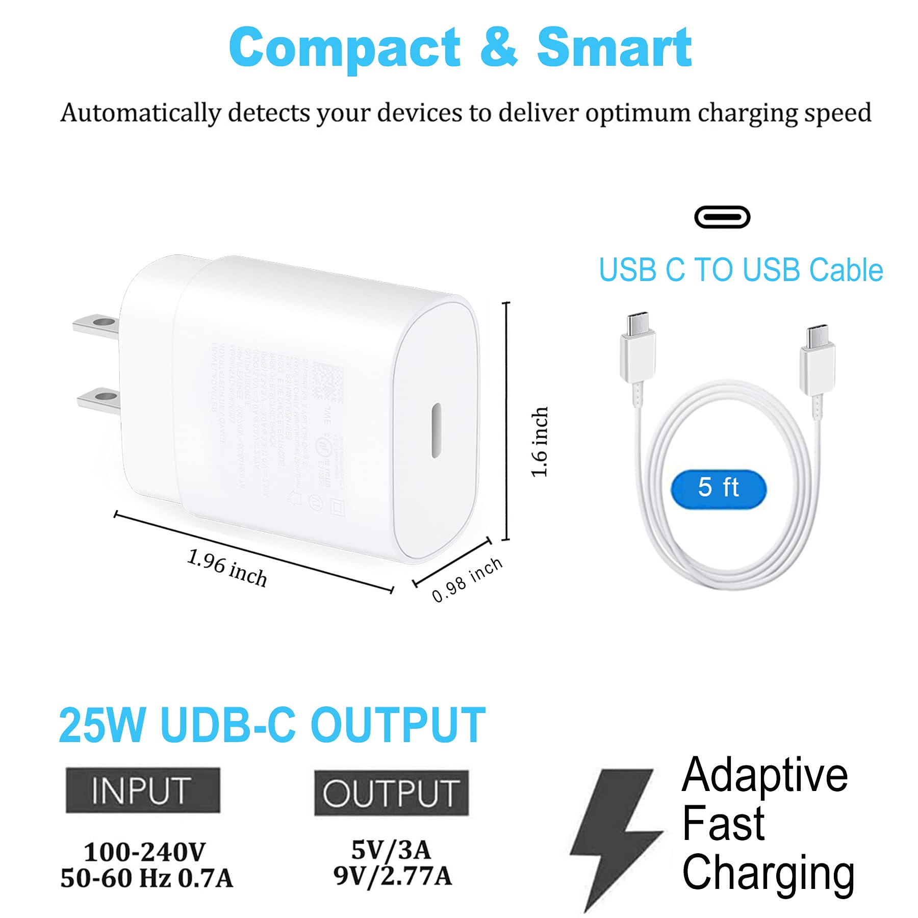 25W USB C Fast Charger 2-Pack with 5Ft Type C Cable - PD Super Fast Wall Charger for Samsung S25/S24/S23/S22/S21 Ultra/Plus/S20 FE/Note 10+/S10/S10e/S9/S8/A55/A54/A53/A15 - Perfect for Home, Office & Travel (White)