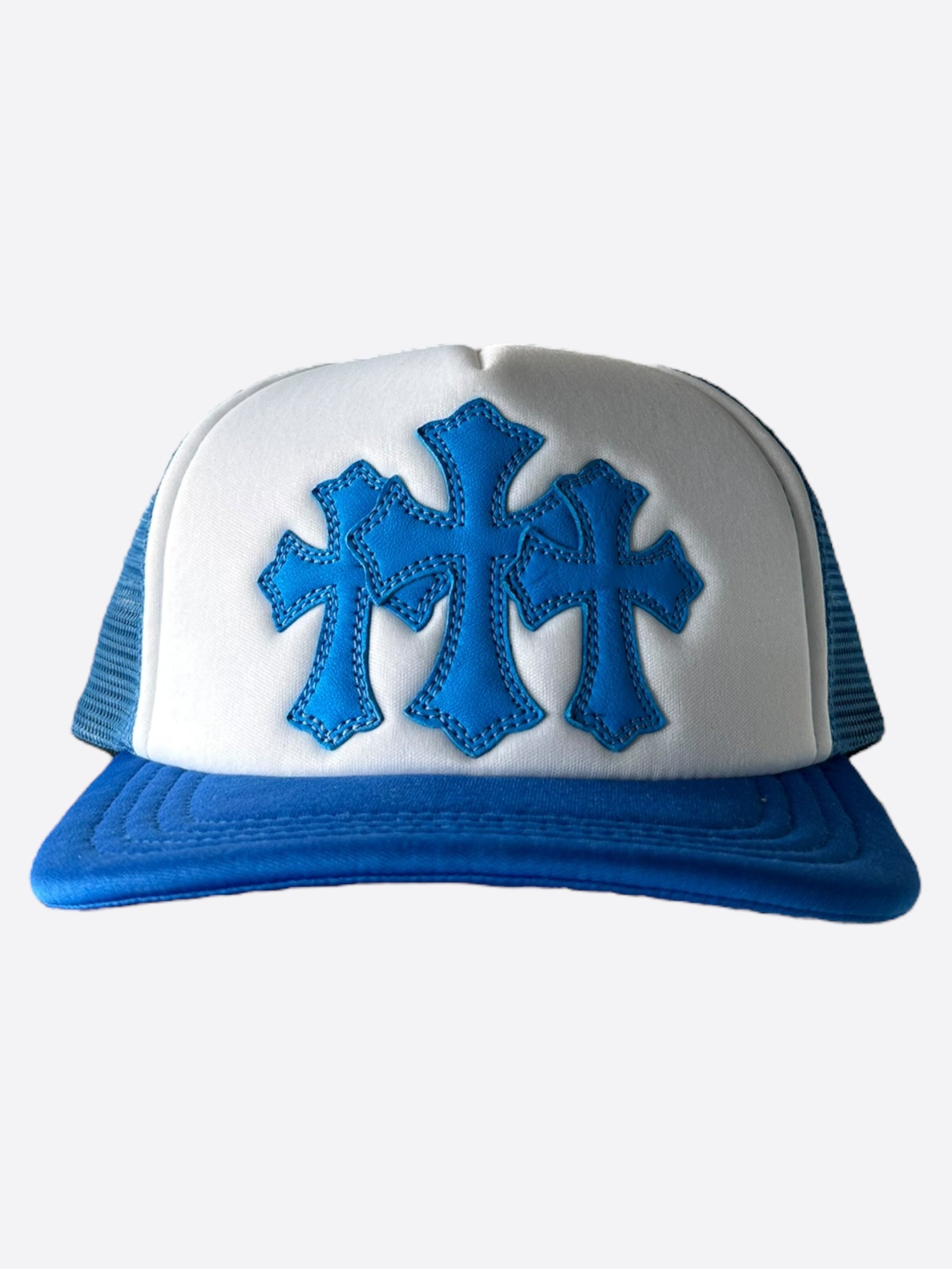 Chrome Hearts Blue Cemetery Cross Patch Trucker Hat - Stylish Embroidered Adjustable Cap for Men & Women - Perfect for Streetwear, Concerts, and Outdoor Adventures
