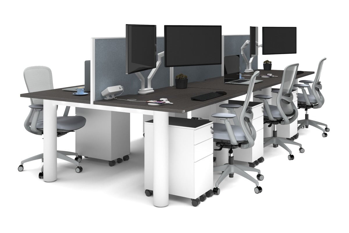 Quadro Cylinder Leg 6-Person Office Workstation Desk - 1400L x 800W with Cable Management Scallop - Modern Open Office Layout, Team Collaboration Space, Shared Workspace Solution
