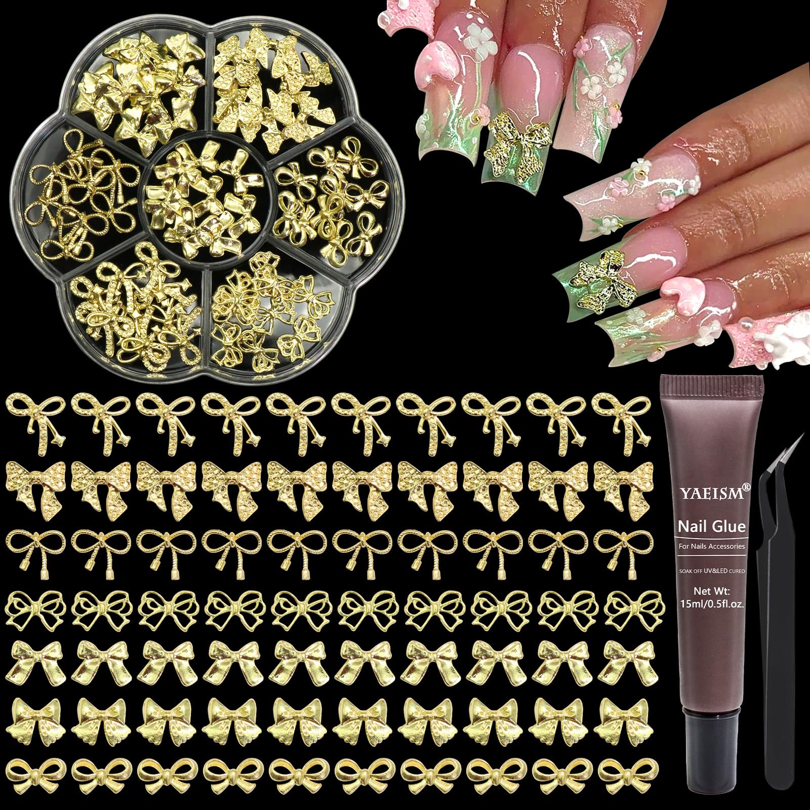 3D Gold Bowknot Nail Charms Kit - 70PCS Bow Nail Art Decorations with Glue Gel & Tweezer for DIY Nails, Manicure, and Crafting - Perfect for Parties, Weddings, and Salon Nail Designs