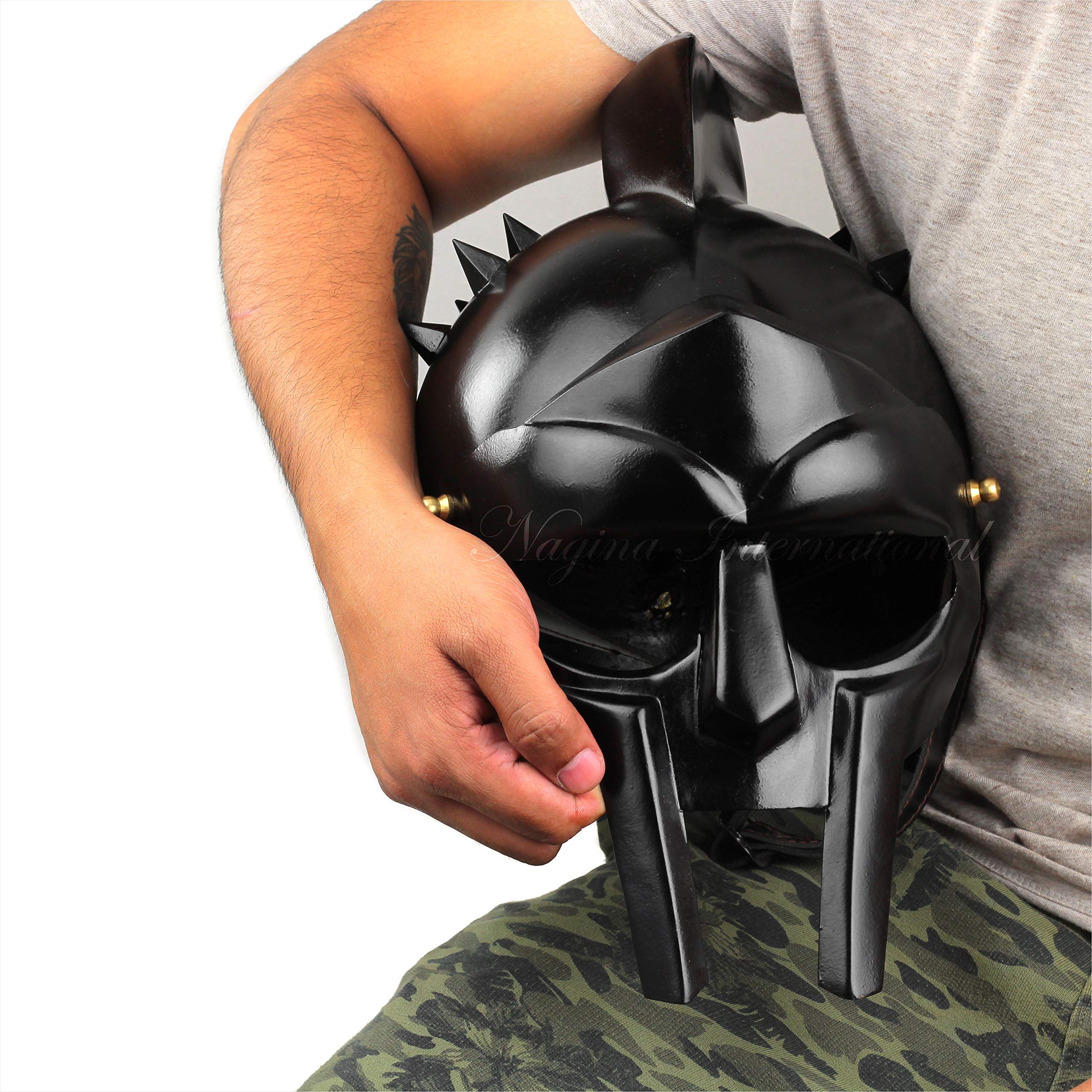 Gladiator Medieval Helmet with Adjustable Leather Strap - Black Roman Warrior Costume Helmet for Cosplay, Halloween, LARP & Historical Reenactment