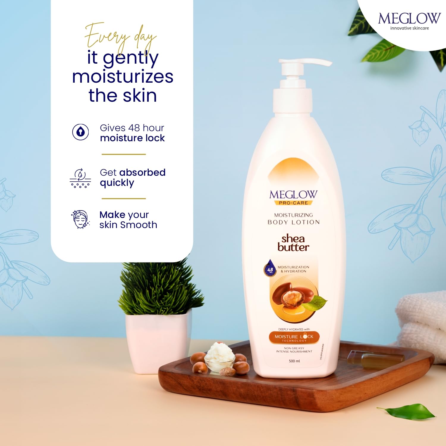 Meglow Pro-Care Moisturizing Body Lotion for Women & Men - 16.9oz Shea Butter Enriched Dry Skin Treatment with 48-Hour Hydration Lock Technology | Perfect for Daily Use, After Shower & Winter Skin Care