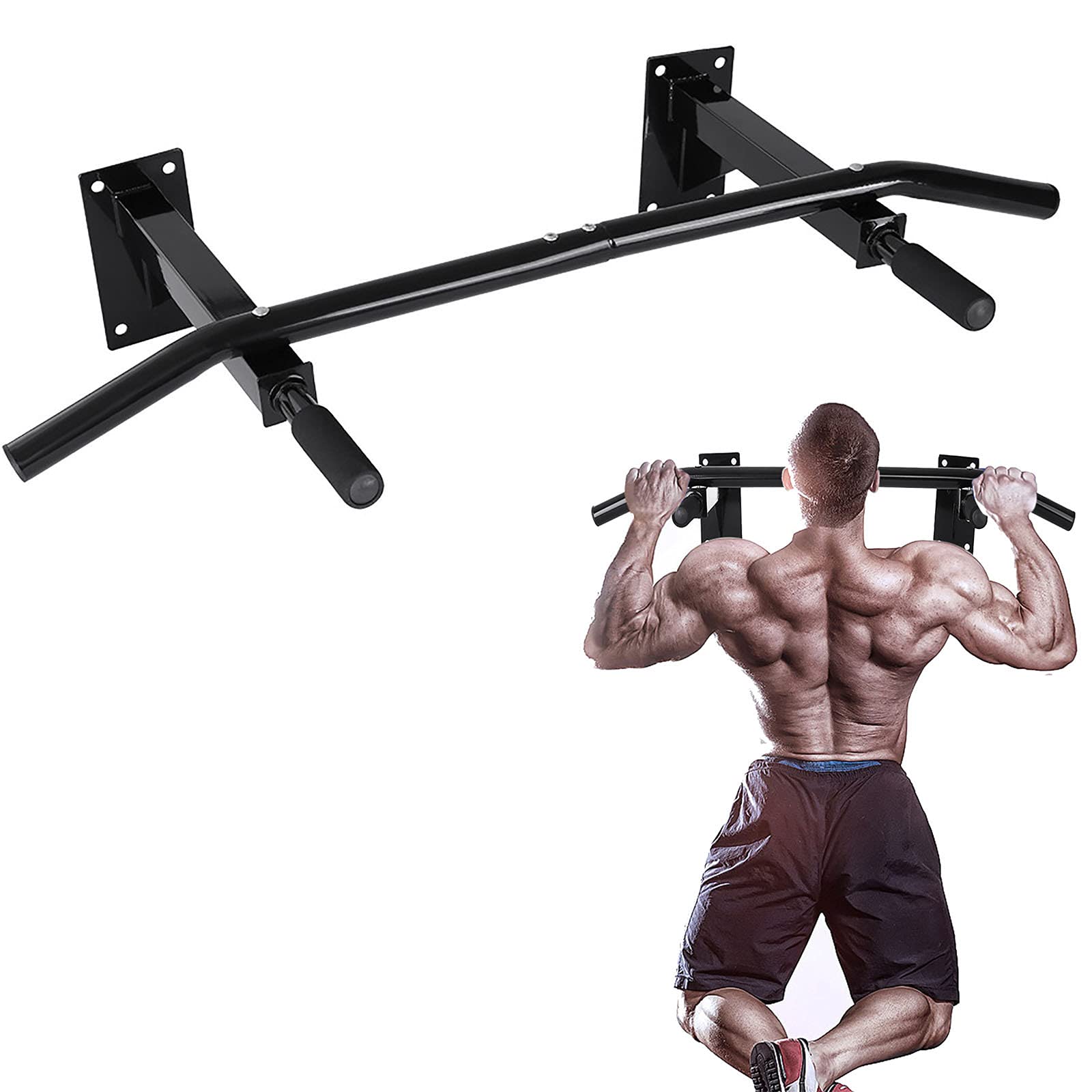 Kenxen Fitness Wall Mounted Pull Up Bar - Multi-Function Chin Up Bar with Foam Grip Handles for Home Gym, Strength Training & Doorway Workouts (Black) - Perfect for Home Exercise, CrossFit & Bodyweight Training