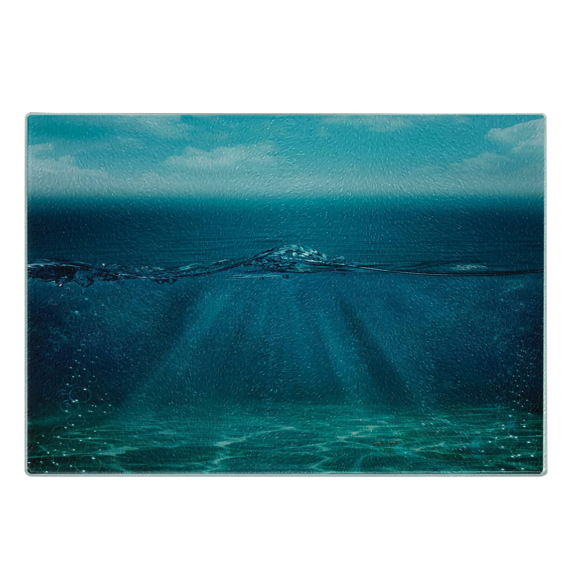 Lunarable Aqua Tempered Glass Cutting Board - Underwater Scene with Sun Rays & Bubbles, Small Turquoise Blue Decorative Serving Board for Kitchen, Charcuterie & Party Platter