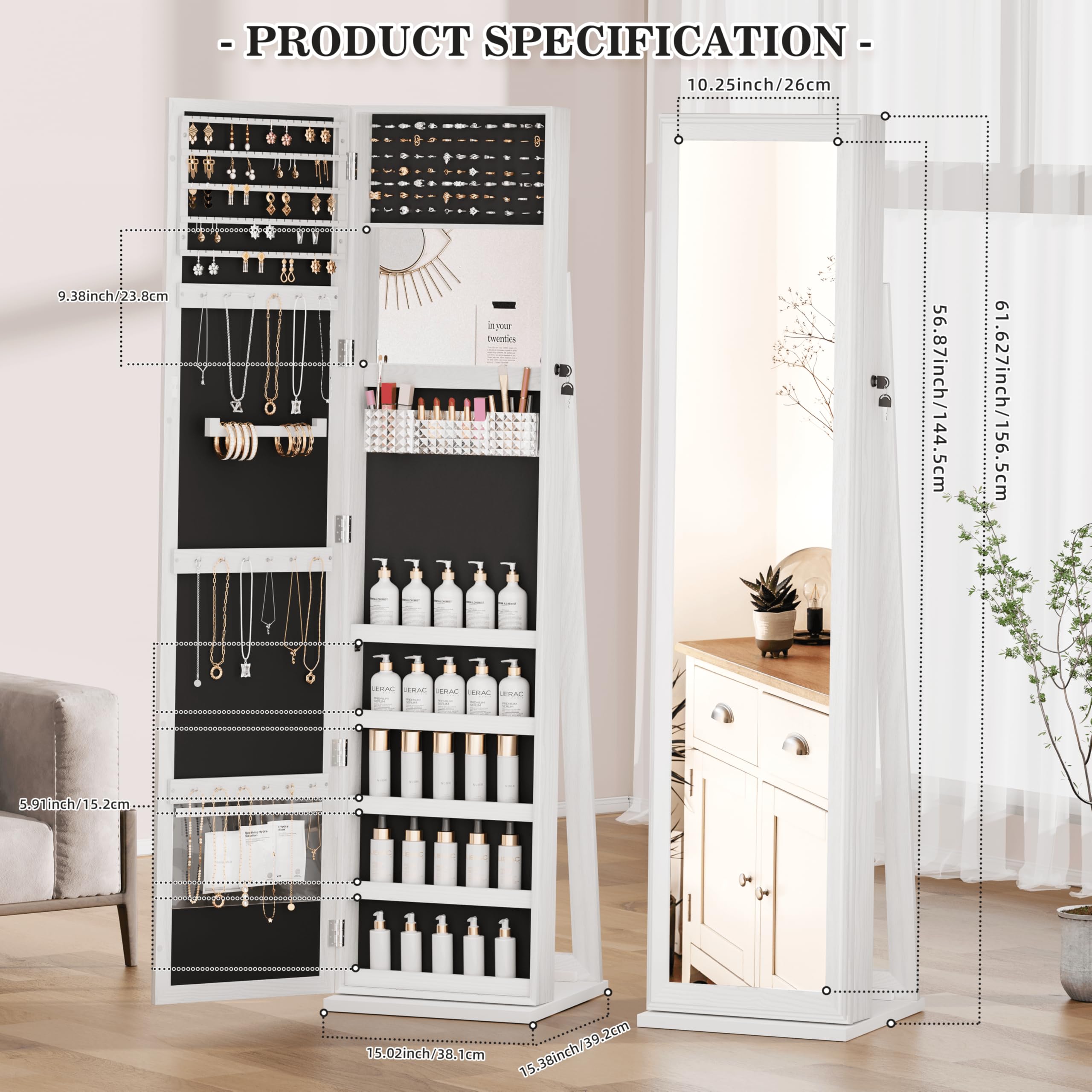 Full Length Mirror Jewelry Cabinet with Lock - Standing Jewelry Armoire Organizer for Women & Girls, White - Perfect for Bedroom, Closet & Dressing Room Storage