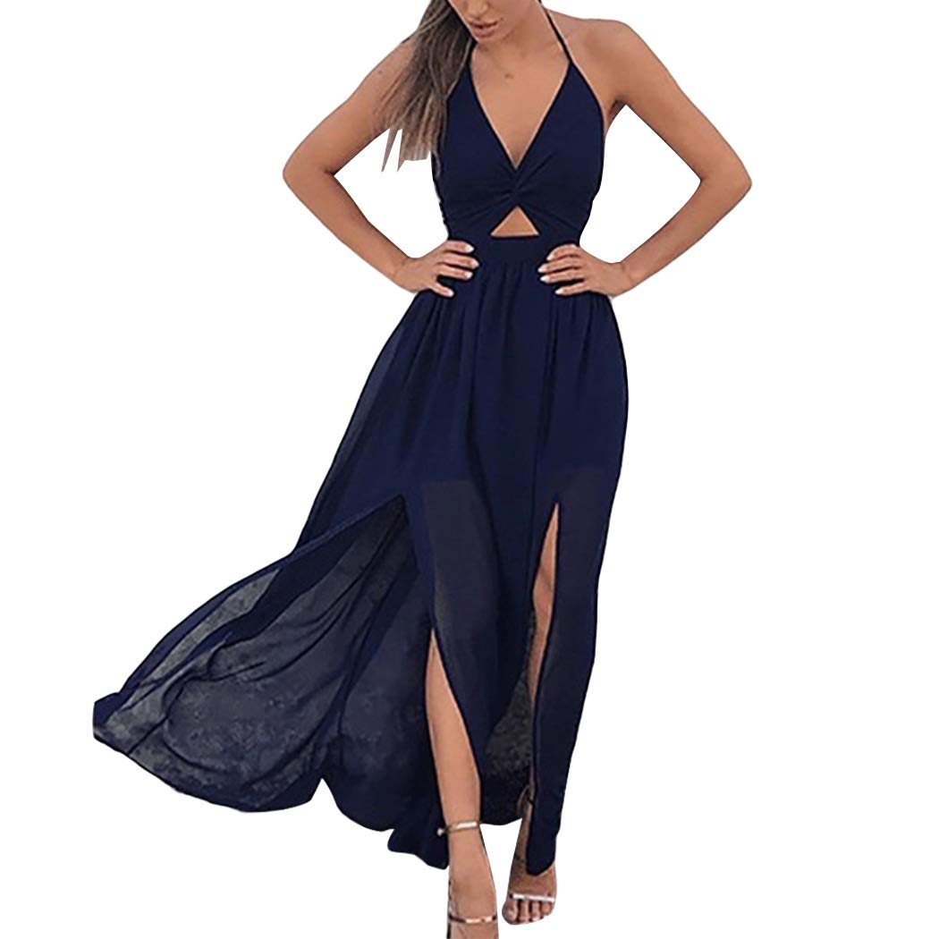 Sexy Floral Halter Sundress for Women - Deep V Neck Backless Beach Dress with Side Split | Perfect for Summer Vacations, Pool Parties & Tropical Getaways