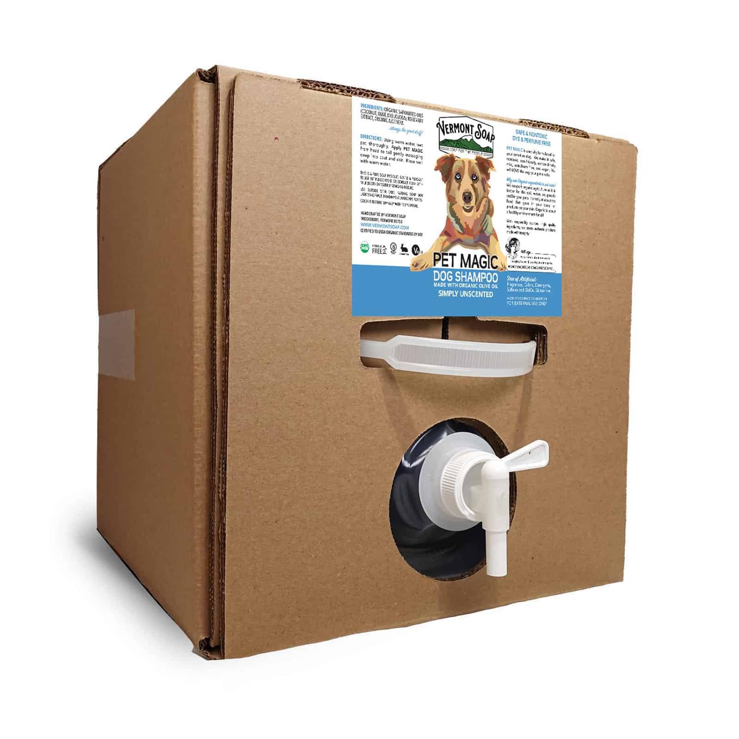 VERMONT SOAP Organics Pet Shampoo - USDA Certified Organic Dog Shampoo with Olive Oil, Coconut & Aloe Vera for Sensitive Skin - Unscented Hypoallergenic Grooming Solution - 5 Gallon Bulk Size for Professional Use & Dog Grooming Salons