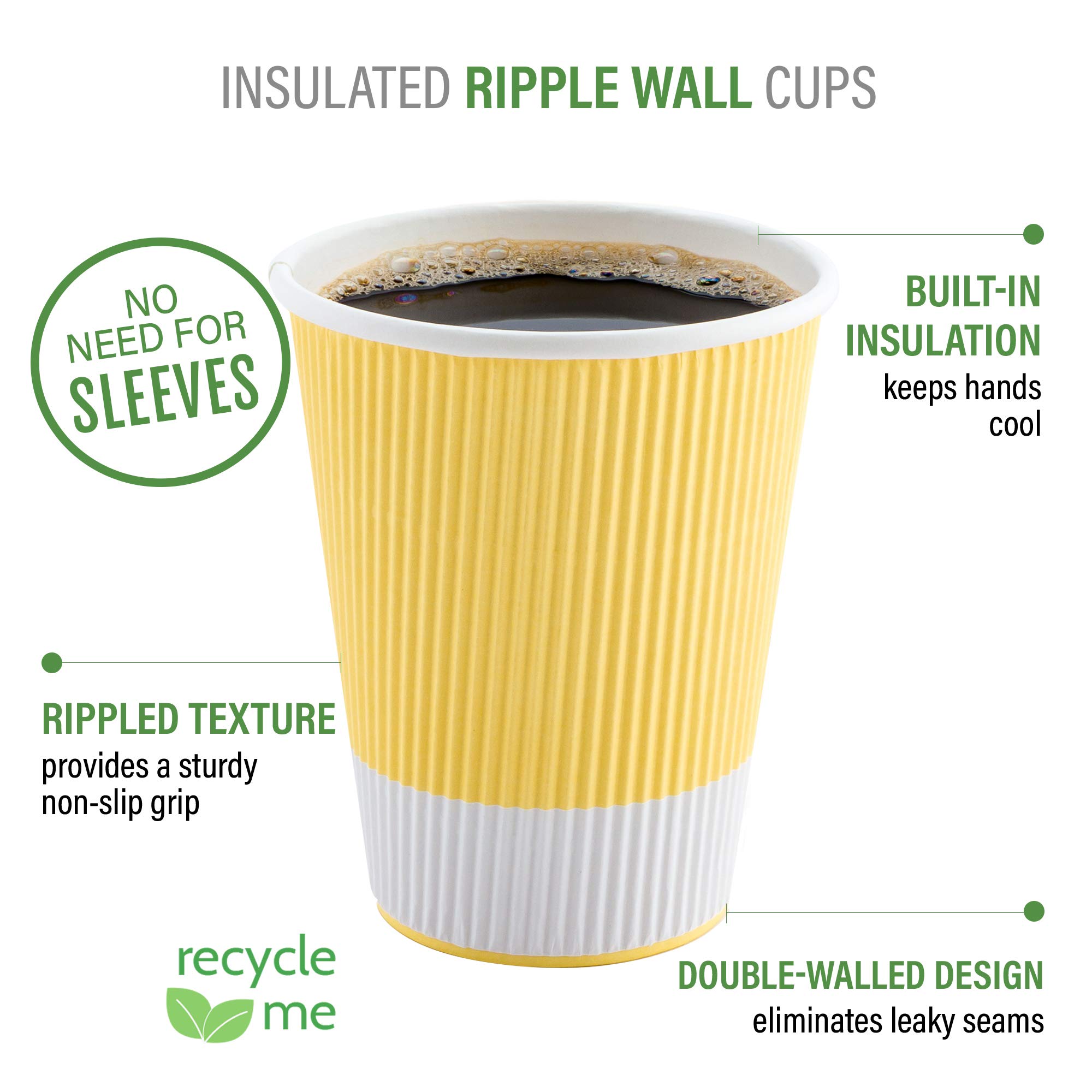 16oz Disposable Paper Coffee Cups - 25 Pack Leakproof & Insulated Ripple Wall Hot Cups | Eco-Friendly, Recyclable Light Yellow | Perfect for Restaurants, Cafes, Office Breakrooms & Home Use