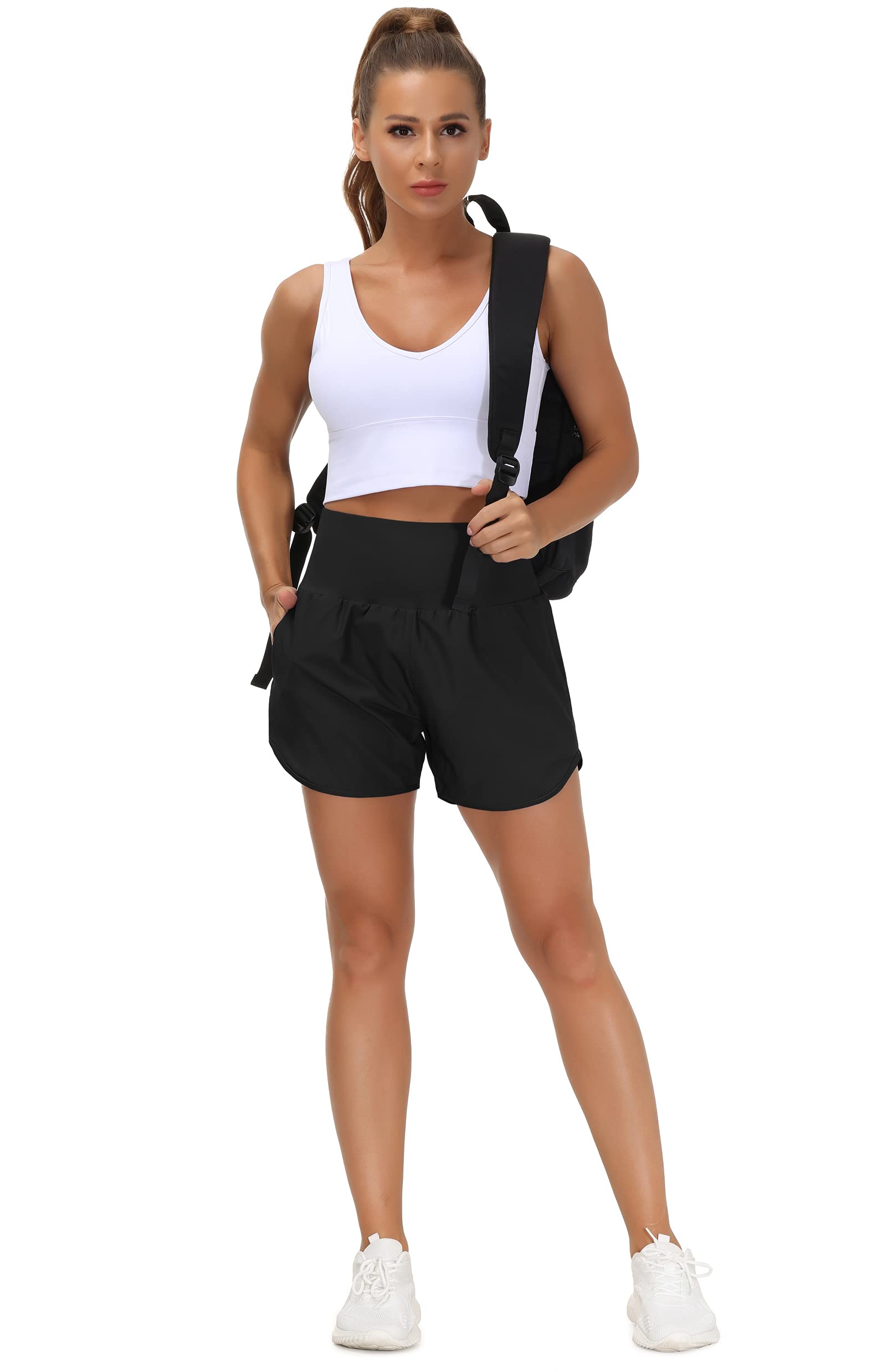 THE GYM PEOPLE Women's High Waist Running Shorts with Liner - Athletic Workout Hiking Shorts with Zip Pockets - Perfect for Gym, Yoga, Jogging & Outdoor Activities