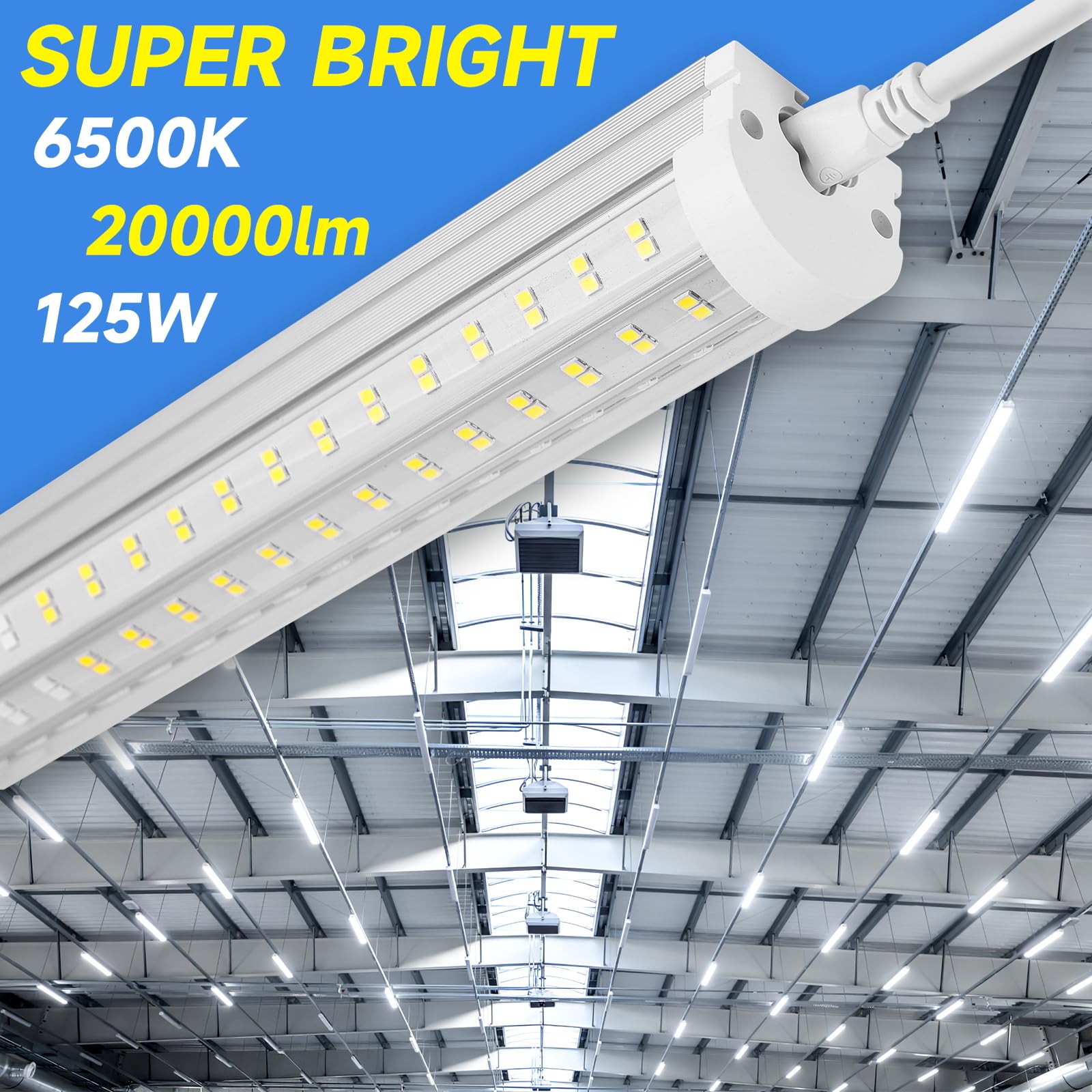 8FT LED Shop Light - 125W U Shape Integrated LED Tube, 6500K Daylight White, 20000LM Super Bright, Flush Mount or Hanging Linkable Ceiling Lights for Garage, Workshop, Warehouse - Plug & Play (6 Pack) - Perfect for Industrial, Commercial & Home Use