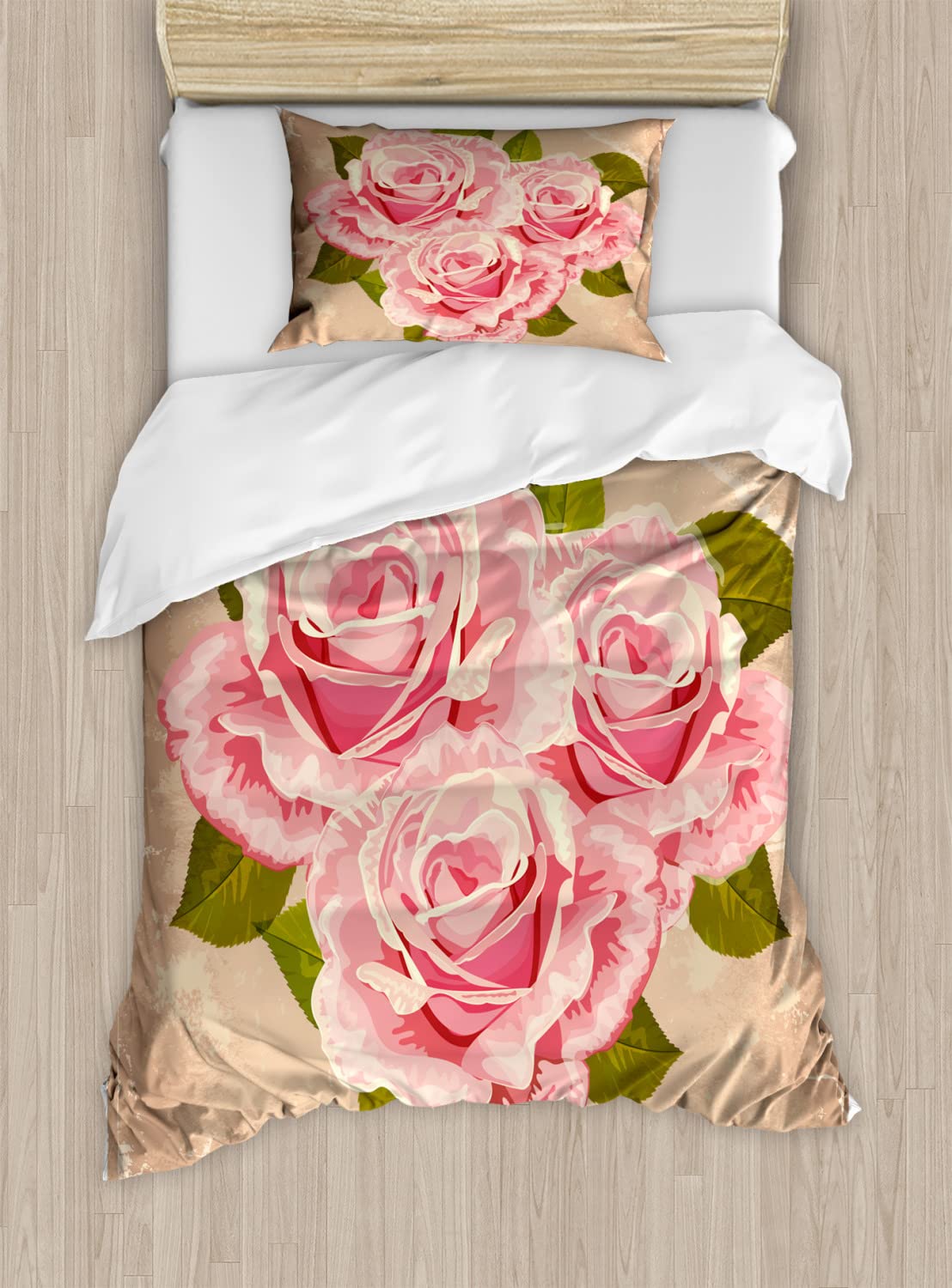 Ambesonne Rose Duvet Cover Set King Size 2-Pack - Pink Floral Vintage Rose Design with 2 Duvet Covers & 4 Pillowcases, Romantic Nature-Inspired Bedding in Tan, Pale Pink & Green | Perfect for Master Bedroom, Guest Room & Bohemian Home Decor