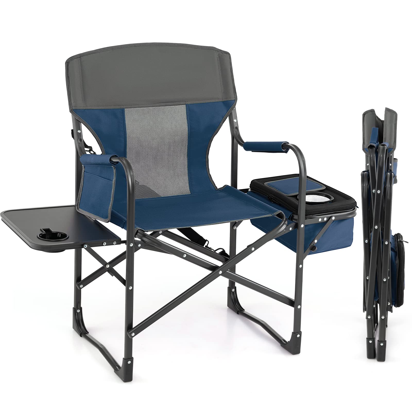 Giantex Heavy Duty Folding Camping Chair with Side Table & Cooler Bag - Portable Director Chair for Outdoor, Fishing, Picnic, Makeup & Artist Use - Supports 400 lbs - Blue