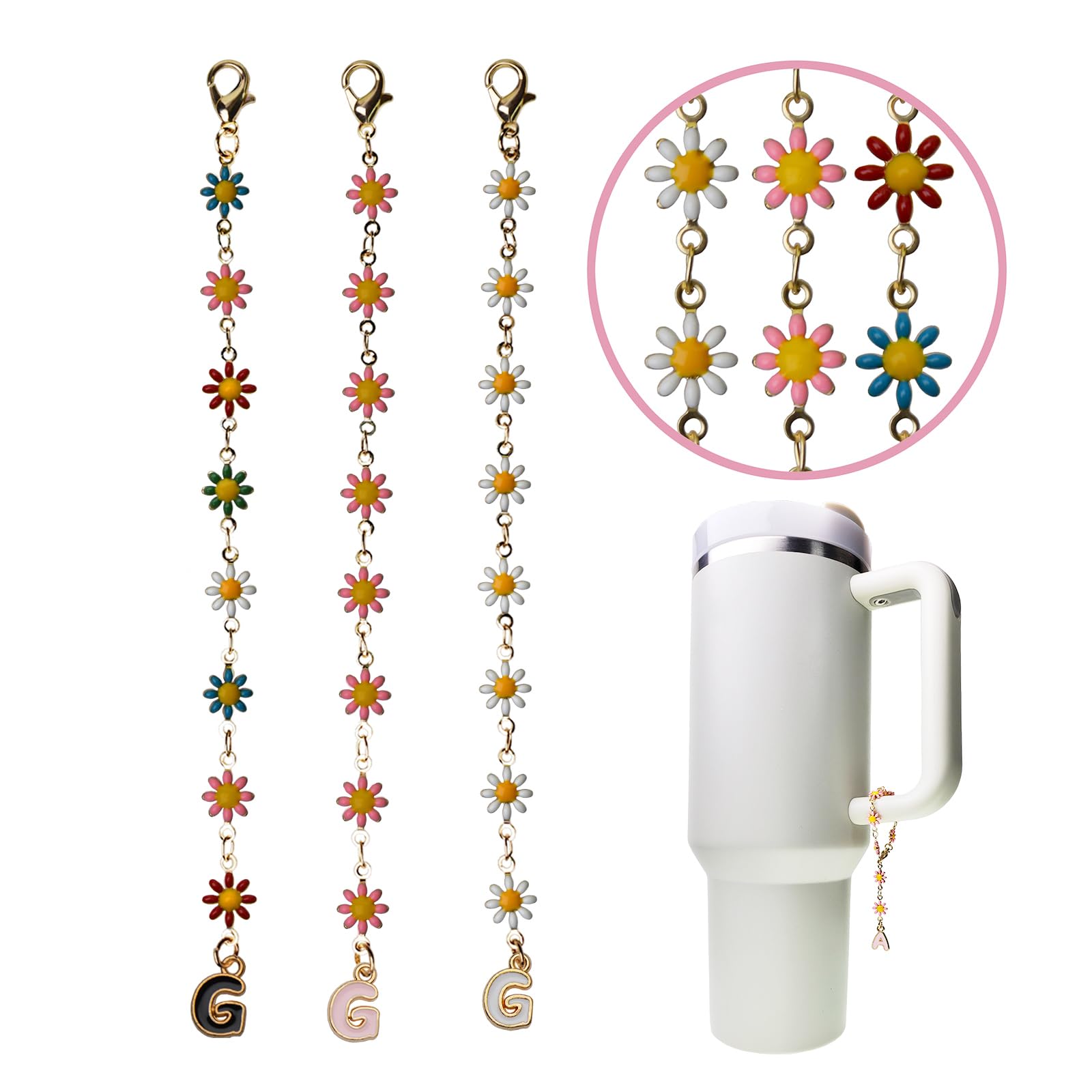 3PCS A-Z Letter Charms for Stanley Cups - Daisy Design Cup Accessories | Cute Personalized Tumbler Charms for Gifts, DIY Crafts & Drinkware Decor