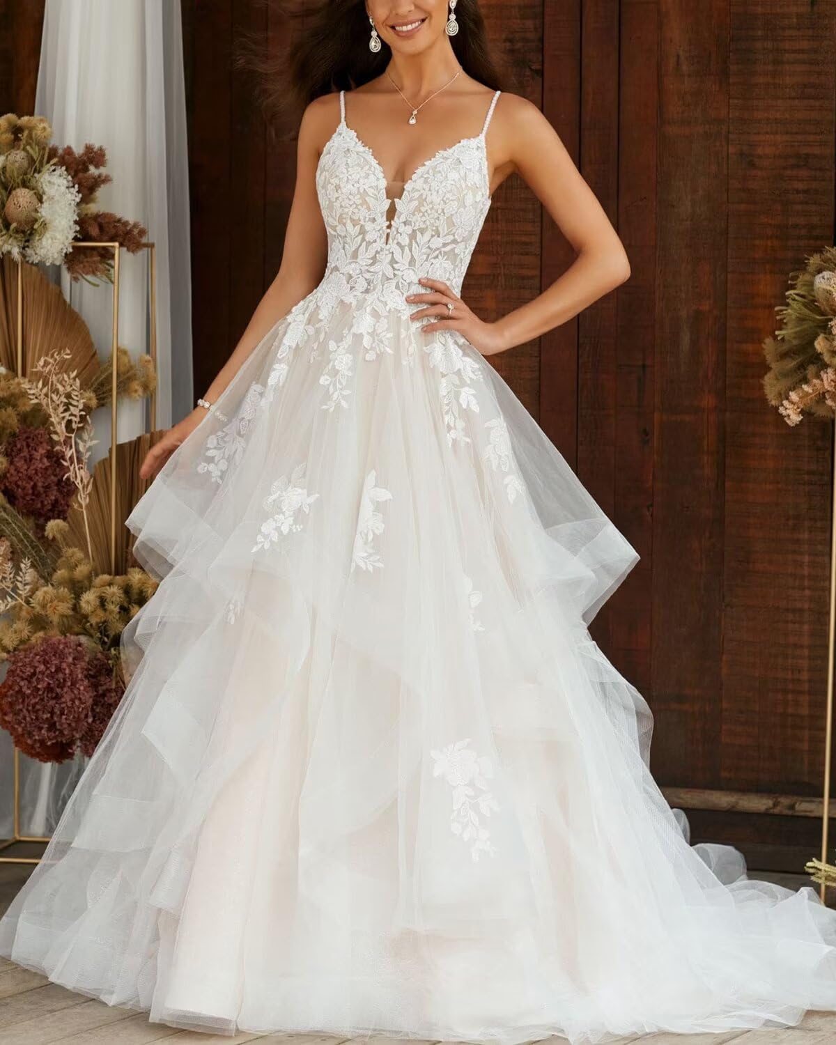 Elegant A-Line Lace Applique Wedding Dress for Bride | Long Tulle Bridal Gown | Perfect for Church, Beach, and Formal Weddings