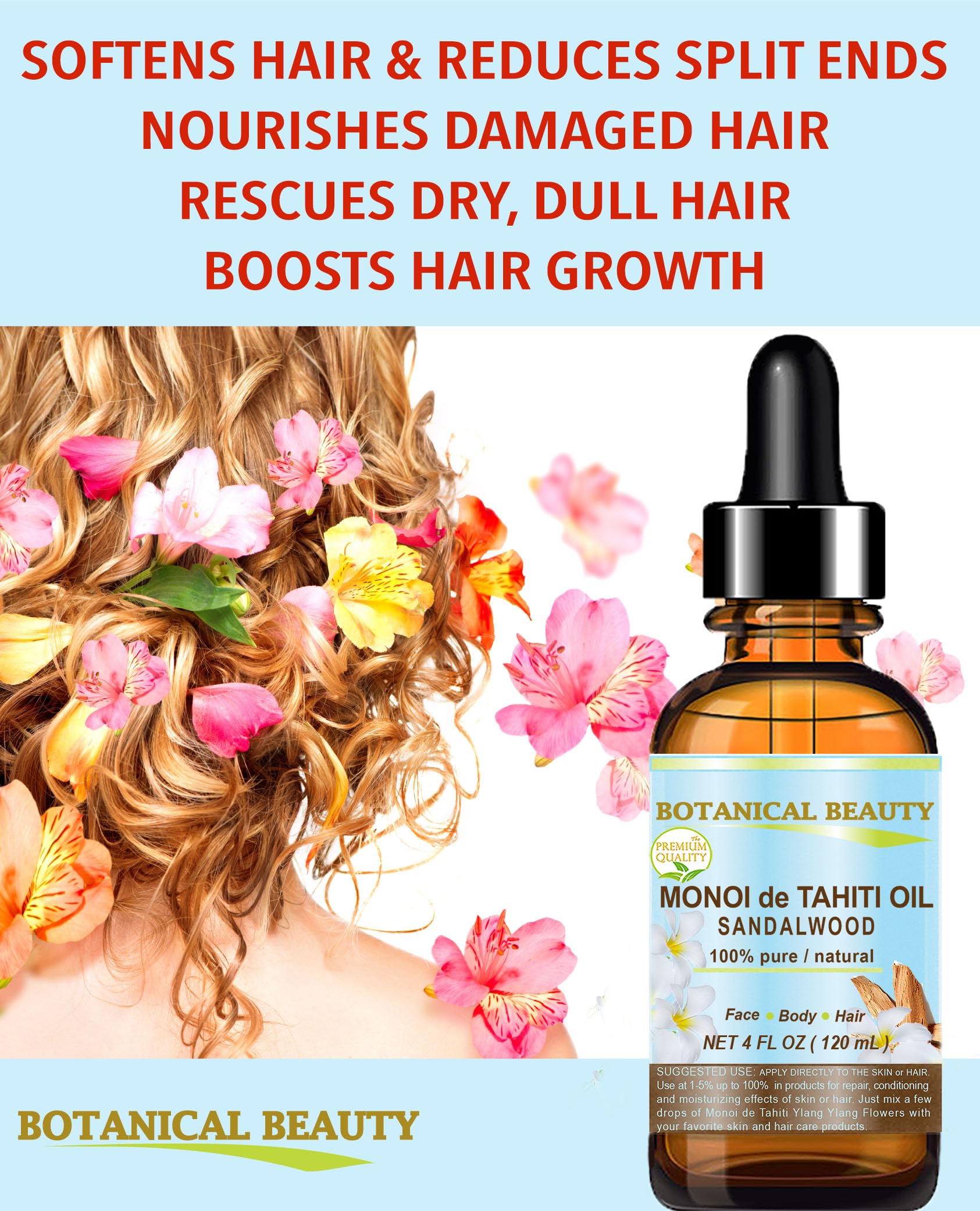 100% Pure Botanical Beauty MONOI de TAHITI Sandalwood Oil - 1 Fl.oz (30ml) for Skin, Face, Hair & Nail Care | Natural Moisturizer & Aromatherapy Oil for Massage, Spa & Relaxation