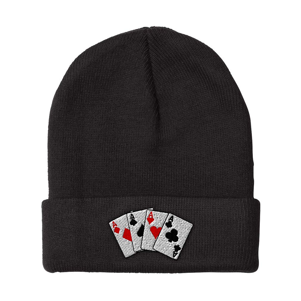 Men's & Women's Poker Card Game Embroidery Beanie - Acrylic Skull Cap Winter Hat (One Size Fits All) - Perfect for Cold Weather, Casino Nights & Outdoor Activities