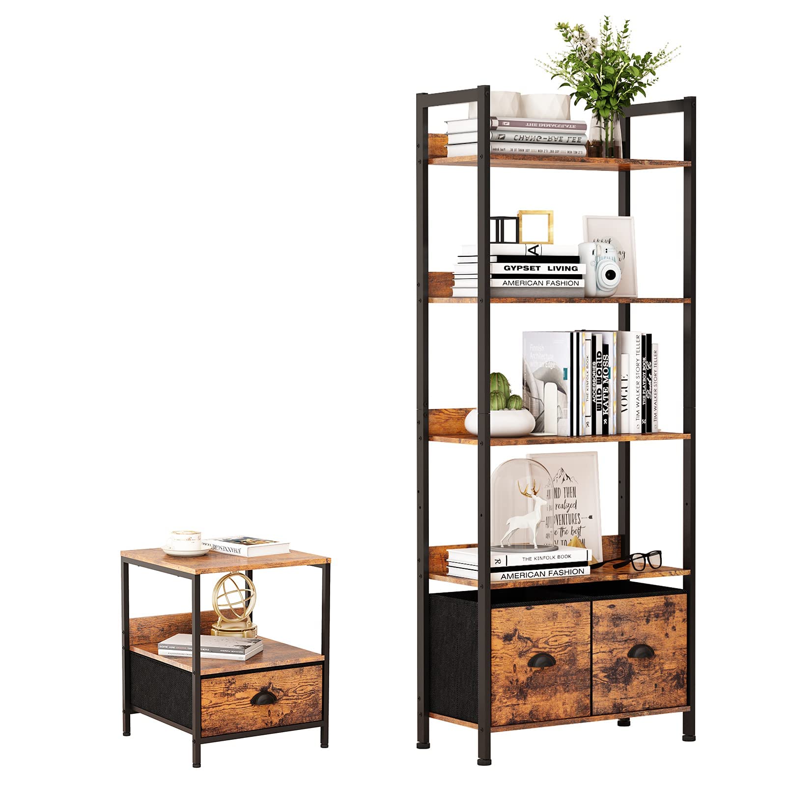 5-Tier Tall Bookshelf with 2 Storage Drawers & Nightstand - Modern Bookcase with Storage Shelf for Living Room, Bedroom, Home Office & Dorm Organization