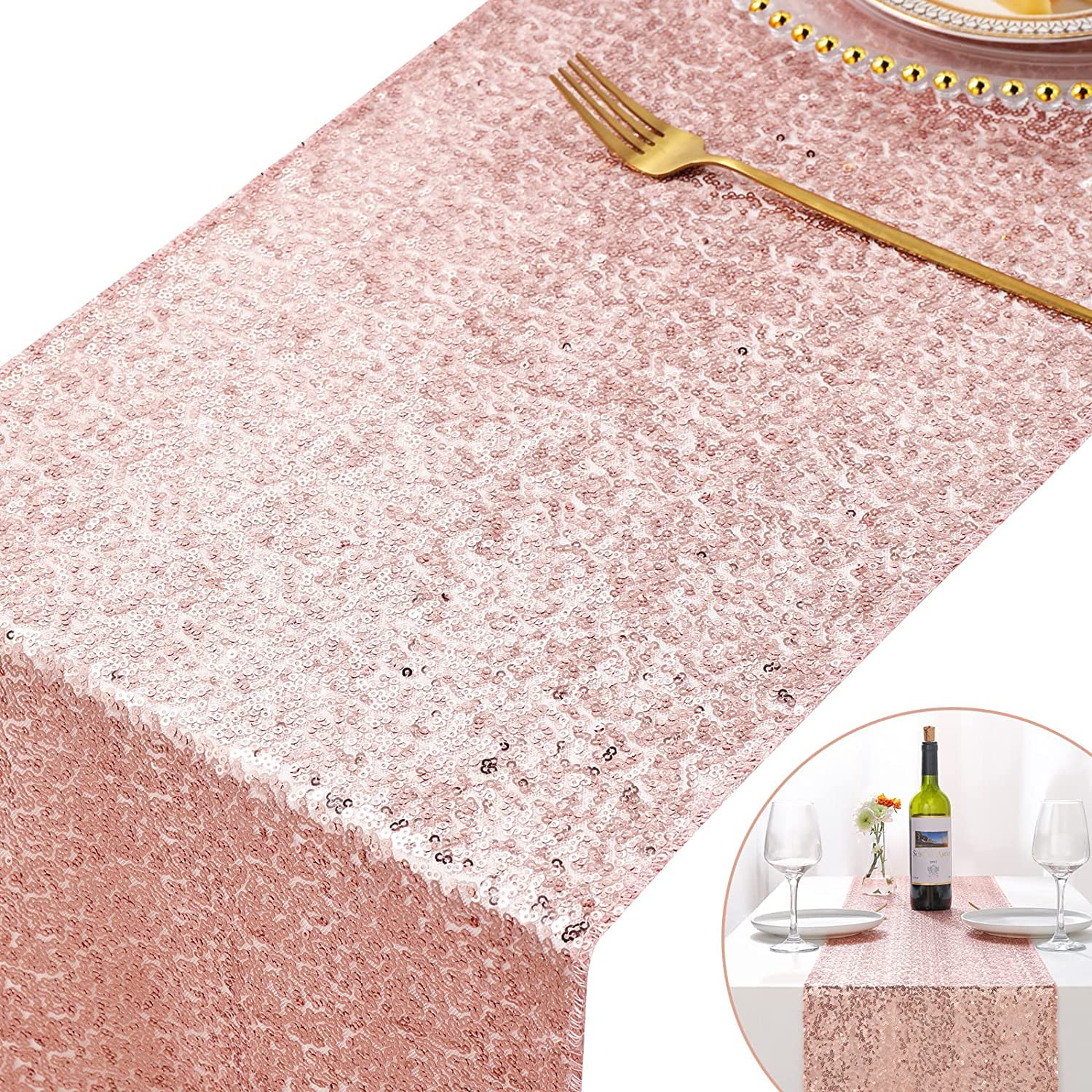 10 Pack Rose Gold Sequin Table Runners - Elegant Party Table Decorations for Weddings, Christmas & Special Events - Glittering Tablecloth for Banquet, Reception & Holiday Celebrations